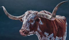 Tucumcari Tonight (Contemporary animal portrait of cow in Colorado landscape)