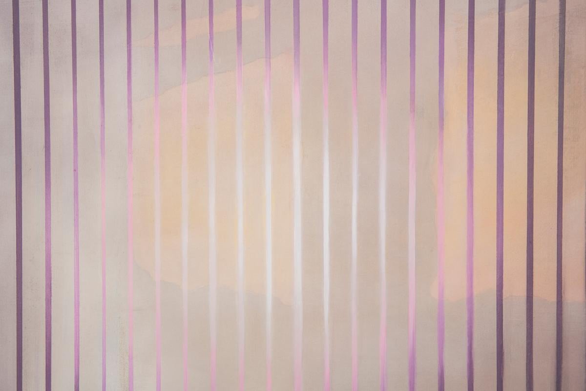 In this painting, we see an underpainting of clouds parting around a sunburst at dawn. The natural curvature of the clouds is interrupted by hard-edged longitudinal stripes of gradient purple. As the title suggests, the artist painted the