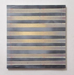 SALIDA - Pintura de técnica mixta, rayas negras y metálicas,