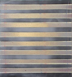 DEPARTURE - Mixed Media painting, black and metallic stripes, 