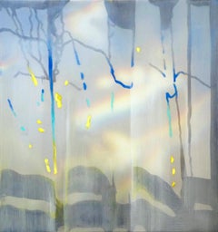 Curtain - Blue, yellow Contemporary Abstract Mixed Media Painting of light