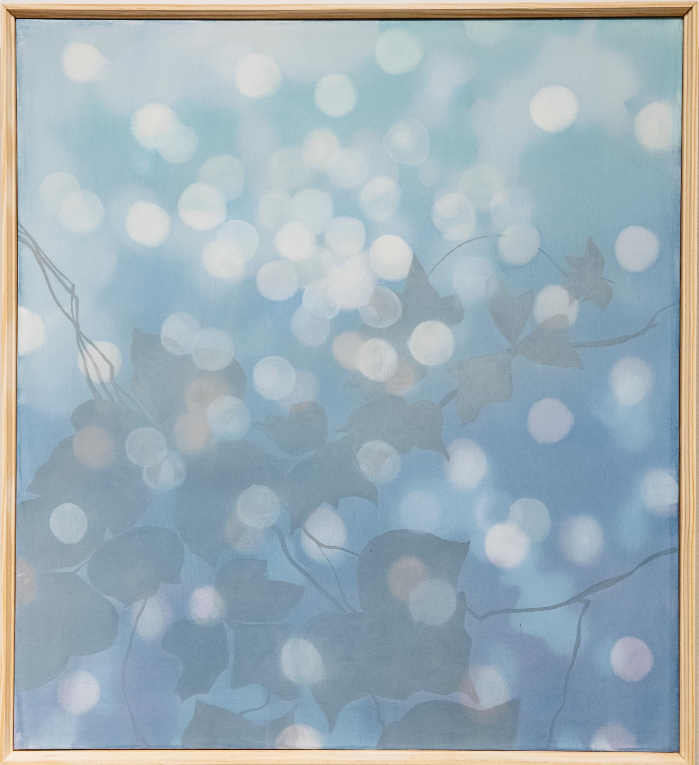 LUSH - Blue atmospheric painting of Kudzu vines and light spots, layered - Painting by Heather Hartman