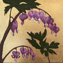 "B is for Bleeding Heart" still life oil painting of purple flowers, gold leaf
