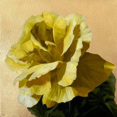 Vintage "R is for Rose" still life oil painting of a yellow flower with gold leaf