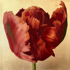 "T is for Tulip" still life oil painting of red flower with gold leaf