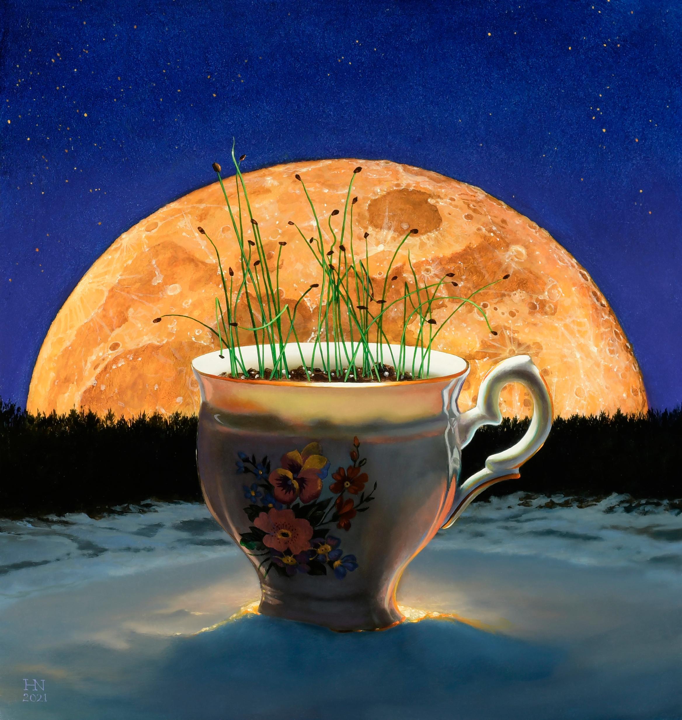 Heather Neill Still-Life Painting - "Onion Moon Rising", Oil Painting