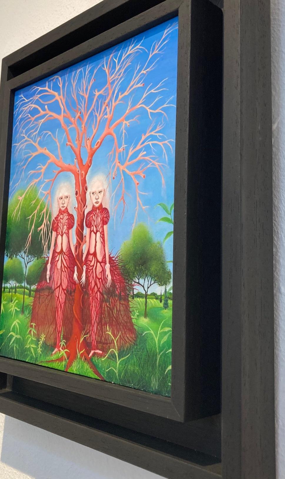 Family Tree Oil Painting on Panel Board Girls Surrealism In Stock For Sale 1