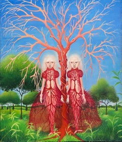 Albero della famiglia Pittura a olio su pannello Ragazze Surrealismo In magazzino