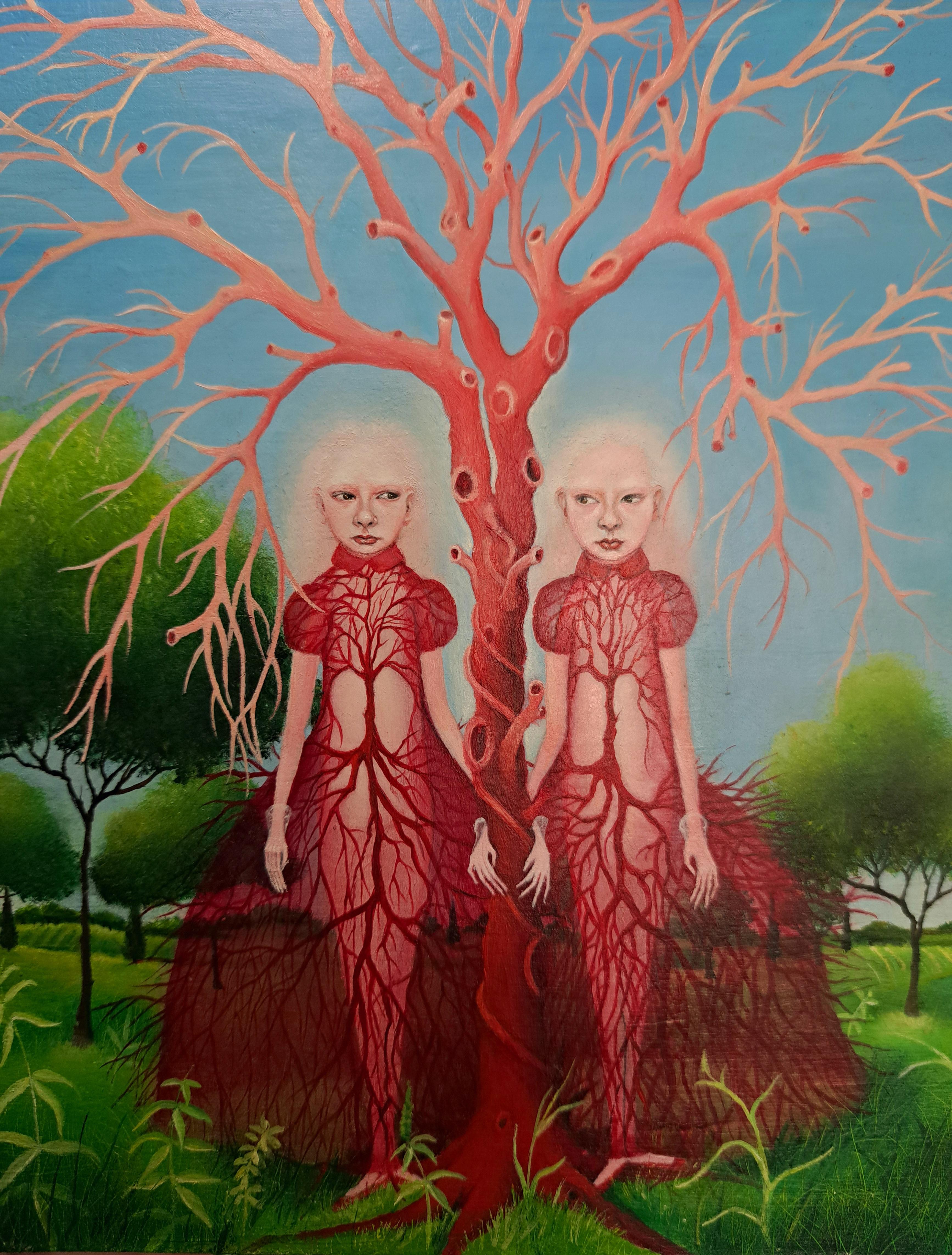 Family Tree Oil Painting on Panel Board Girls Surrealism In Stock - Blue Figurative Painting by Heather Nevay