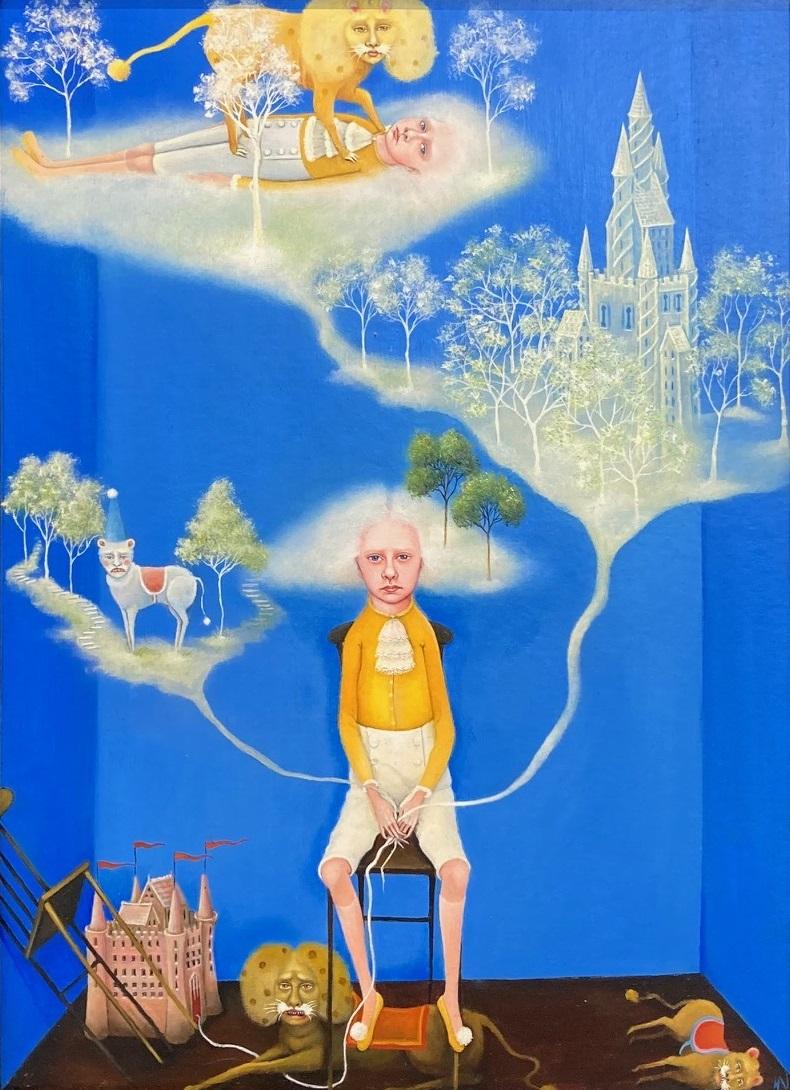 Heather Nevay Figurative Painting – Einsamer Junge, Ölgemälde auf Tafel, Surrealismus, Spielzeug, blau, auf Lager, auf Lager