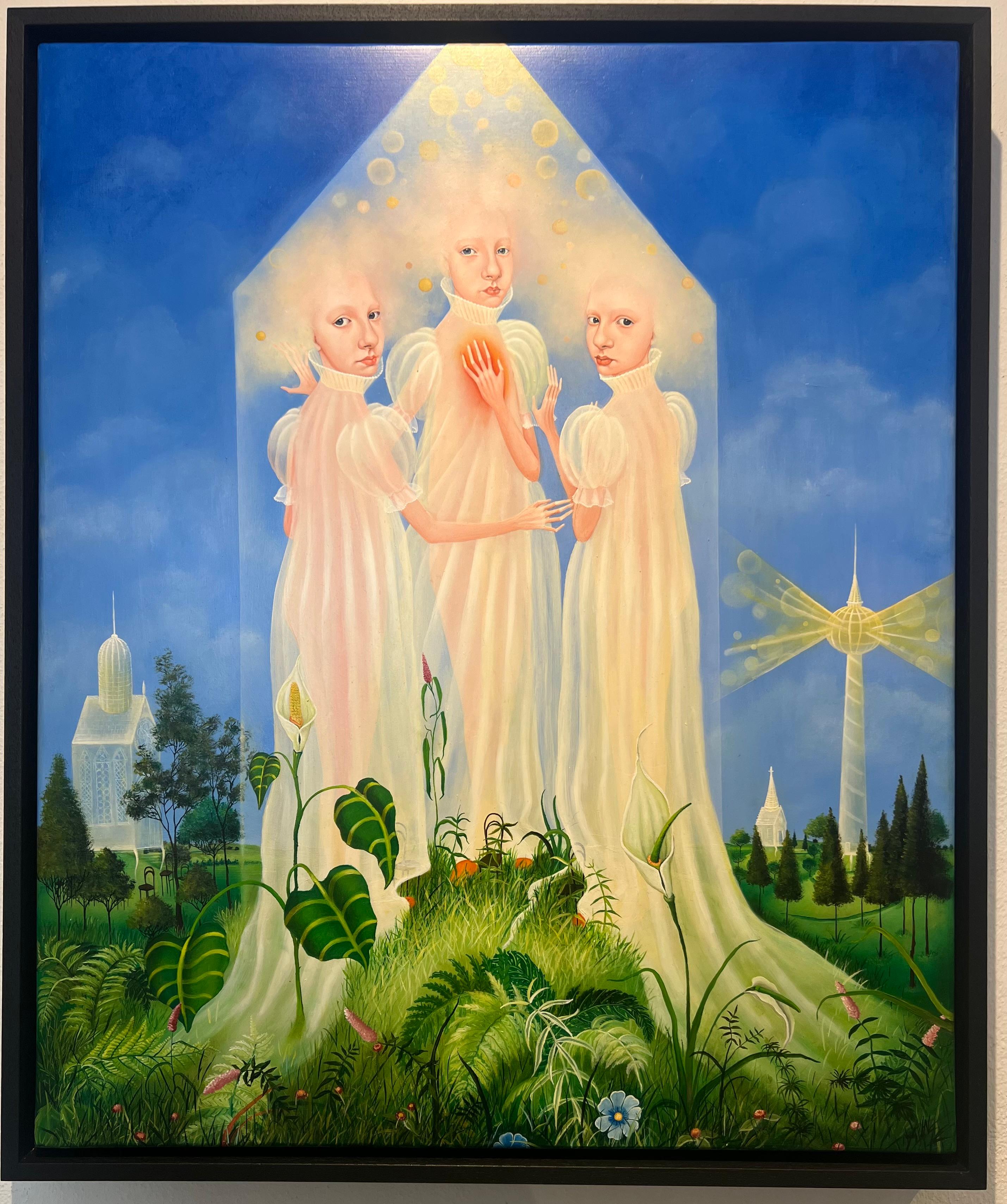 Meeting of the Minds Oil Painting on Panel People Female Figures En Stock - Figurative Painting Azul de Heather Nevay