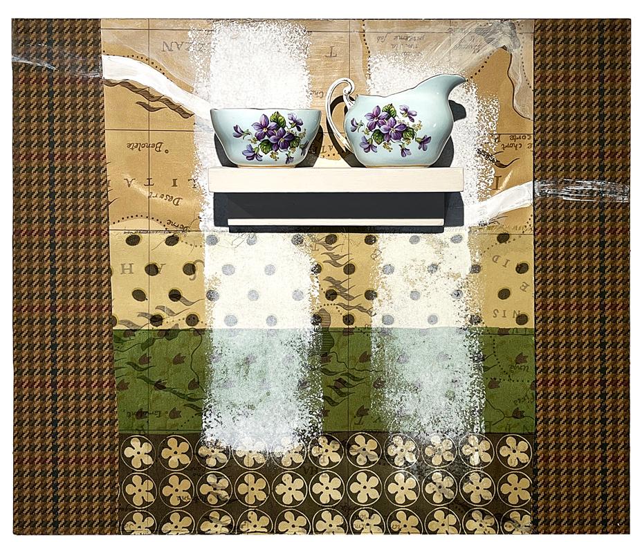 Heather Nicol Abstract Sculpture - "Afternoon Tea", wallpaper, acrylic paint, found objects mounted on board