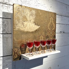 "Cordial", wallpaper, spray paint, aunt's pearls, crystal, red resin, on board