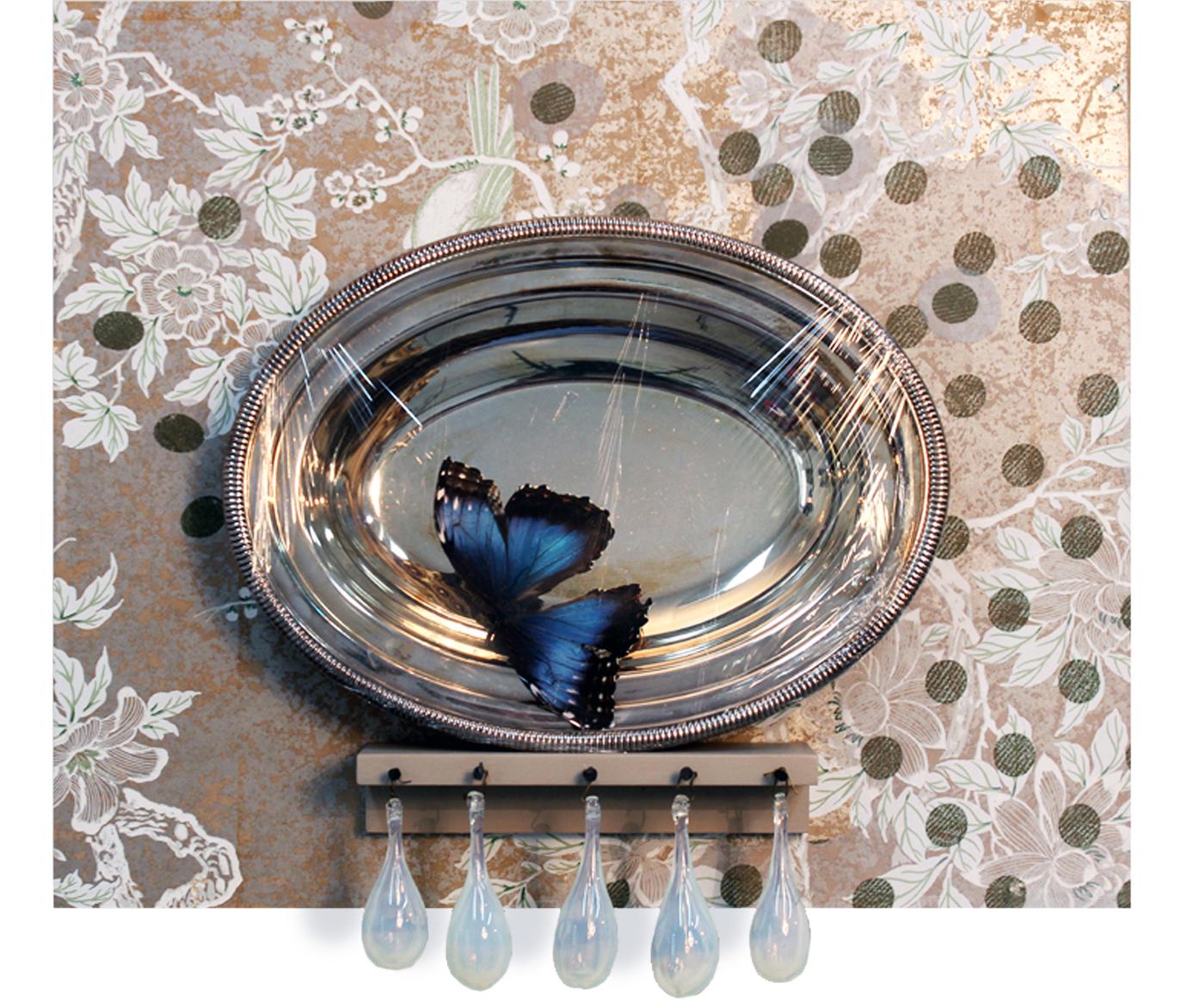 Heather Nicol Still-Life Sculpture - "Parlour", wallpaper, glass, silver platter, butterfly, nails, mounted on board