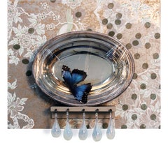 "Parlour", wallpaper, glass, silver platter, butterfly, nails, mounted on board