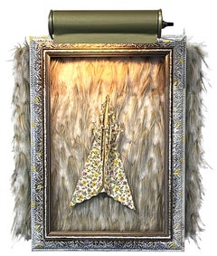 "Specimen", frame with electric picture light, faux fur, paper, pins, on board