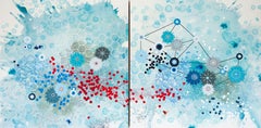 Current - diptych blue abstract geometric contemporary painting on panel