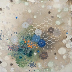 Flourish - beige abstract contemporary painting and mixed media on panel