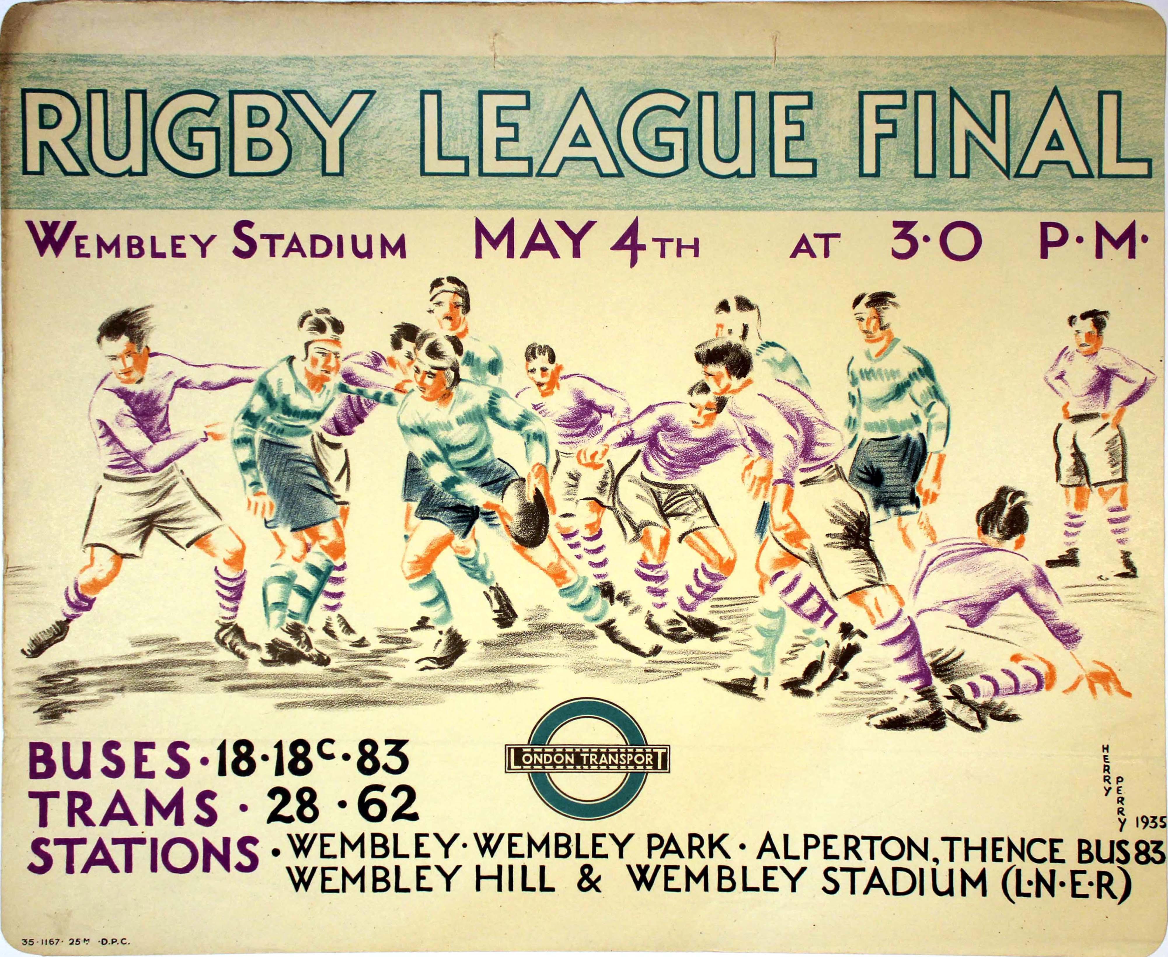 Heather Perry Print - Original Vintage London Transport Rugby League Final Wembley Stadium Herry Perry