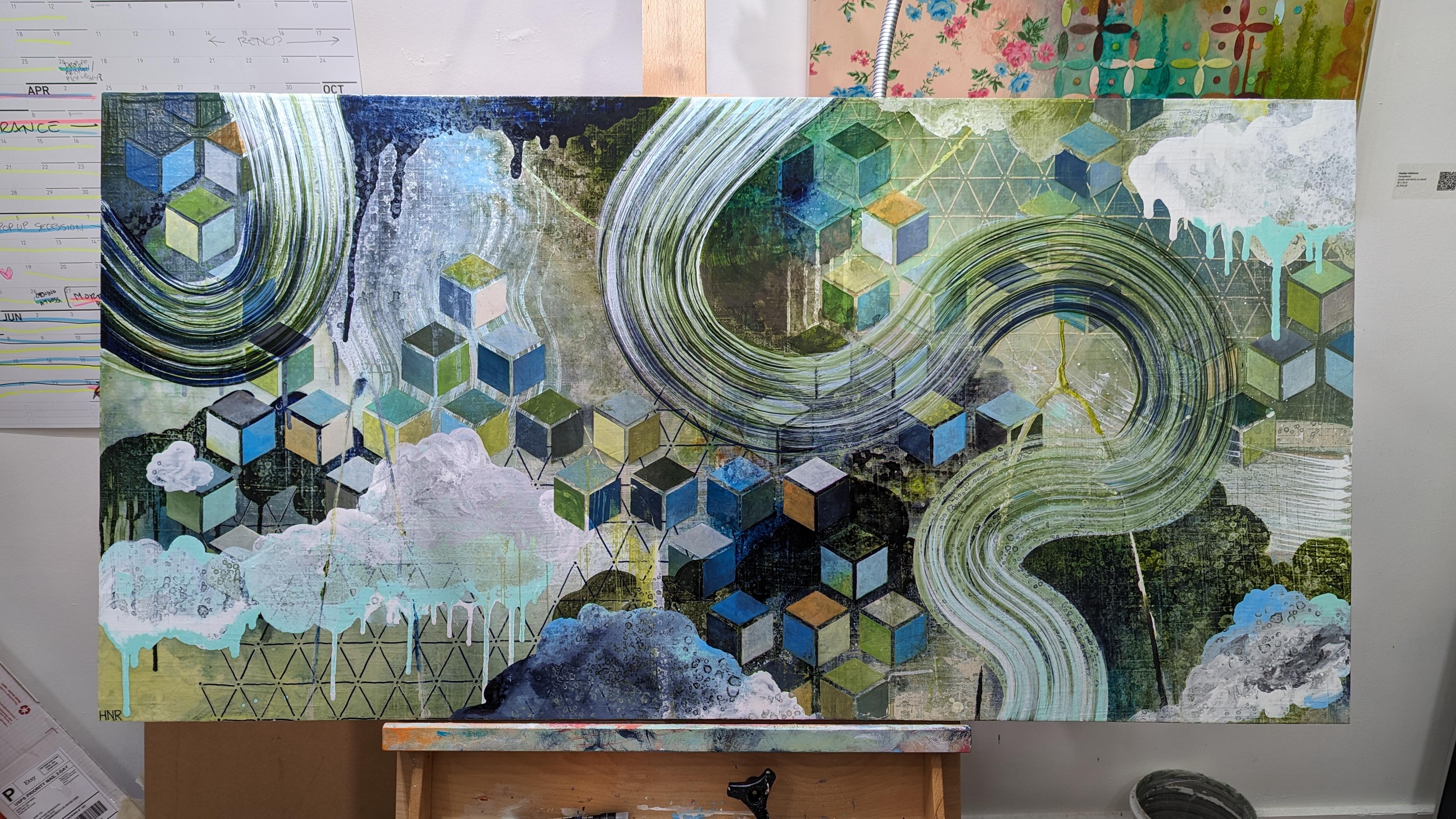 Averted - Peinture abstraite contemporaine de paysage avec détails géométriques - Abstrait Painting par Heather Robinson