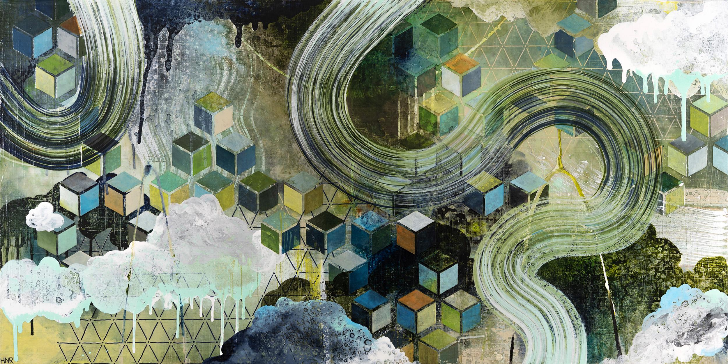 Averted - Peinture abstraite contemporaine de paysage avec détails géométriques - Painting de Heather Robinson