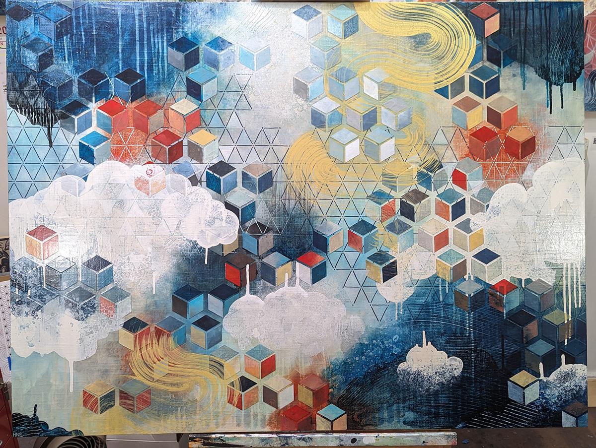 Evolving - Contemporary Abstract Mixed Media Painting in Blau, Rot und Gold im Angebot 1