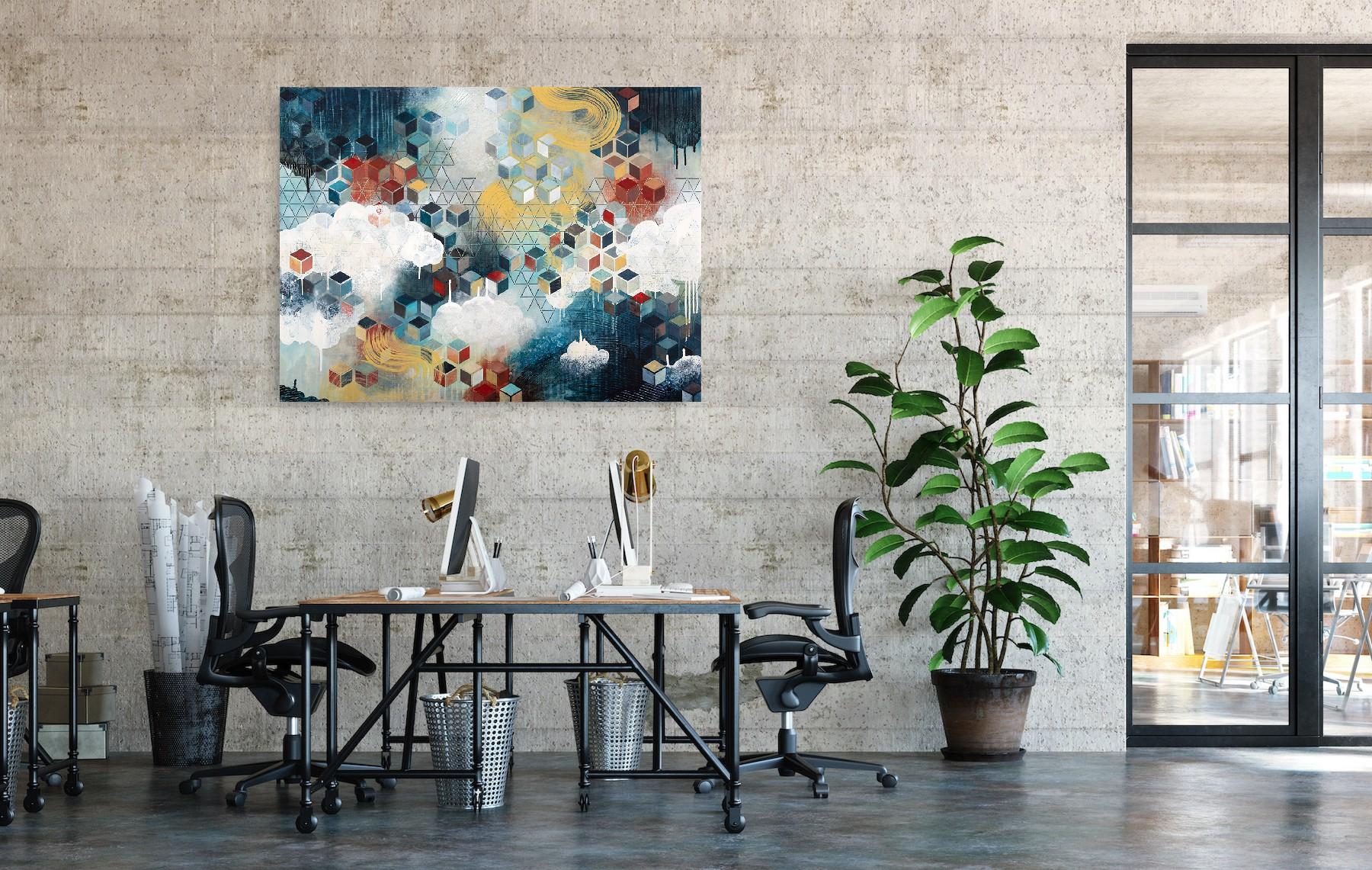 Evolving - Contemporary Abstract Mixed Media Painting in Blau, Rot und Gold im Angebot 3