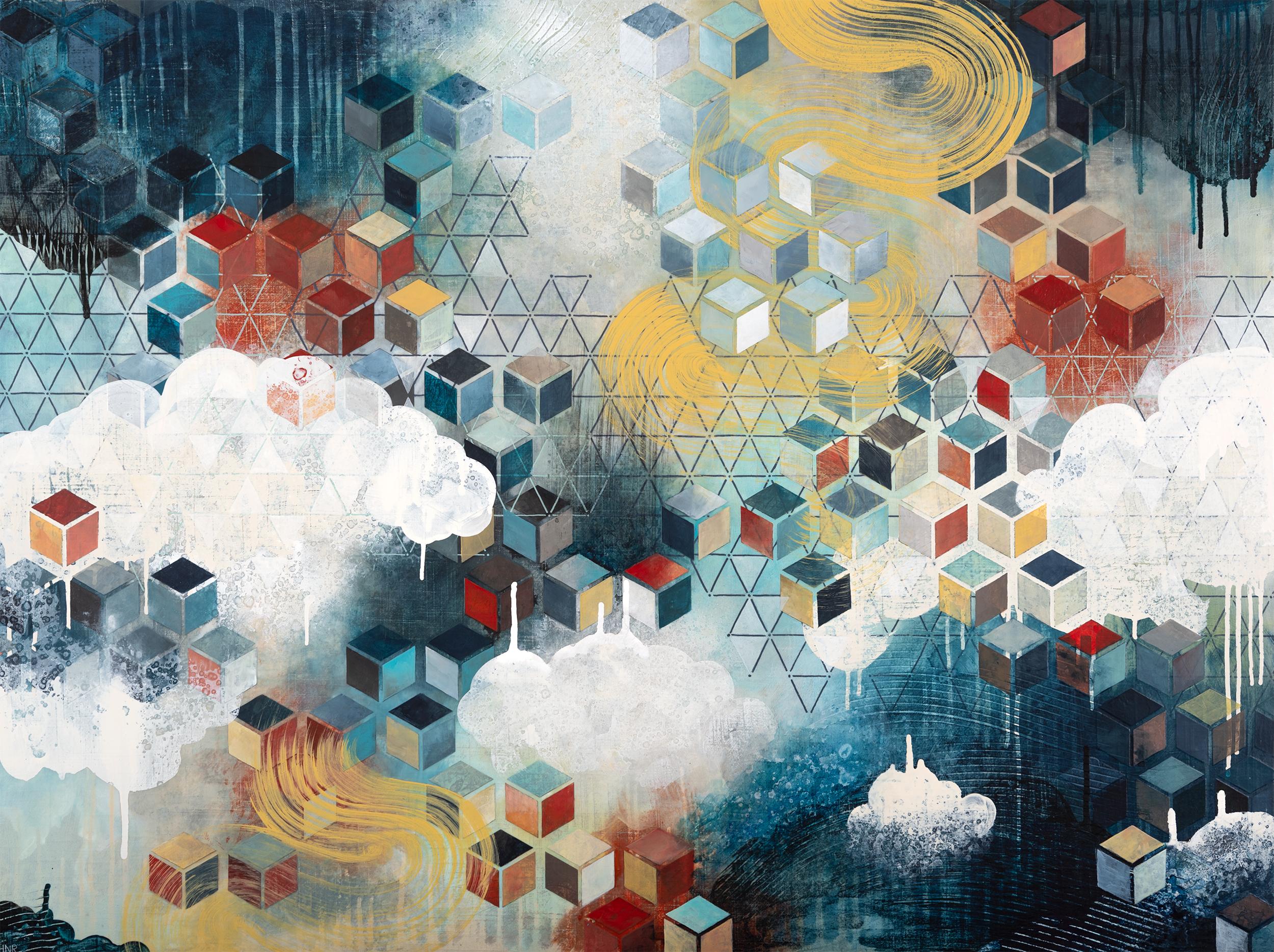Von der Künstlerin: "'Evolving' ist eine meiner fortlaufenden Erkundungen von Farbe, Muster und Textur. Darin kombiniere ich verschiedene geometrische Motive mit Farbklecksen und lockeren wolkenartigen Formen. Ich möchte mit diesem Stück Bewegung