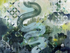 Rising - Quadro astratto contemporaneo di colore verde con accenti geometrici