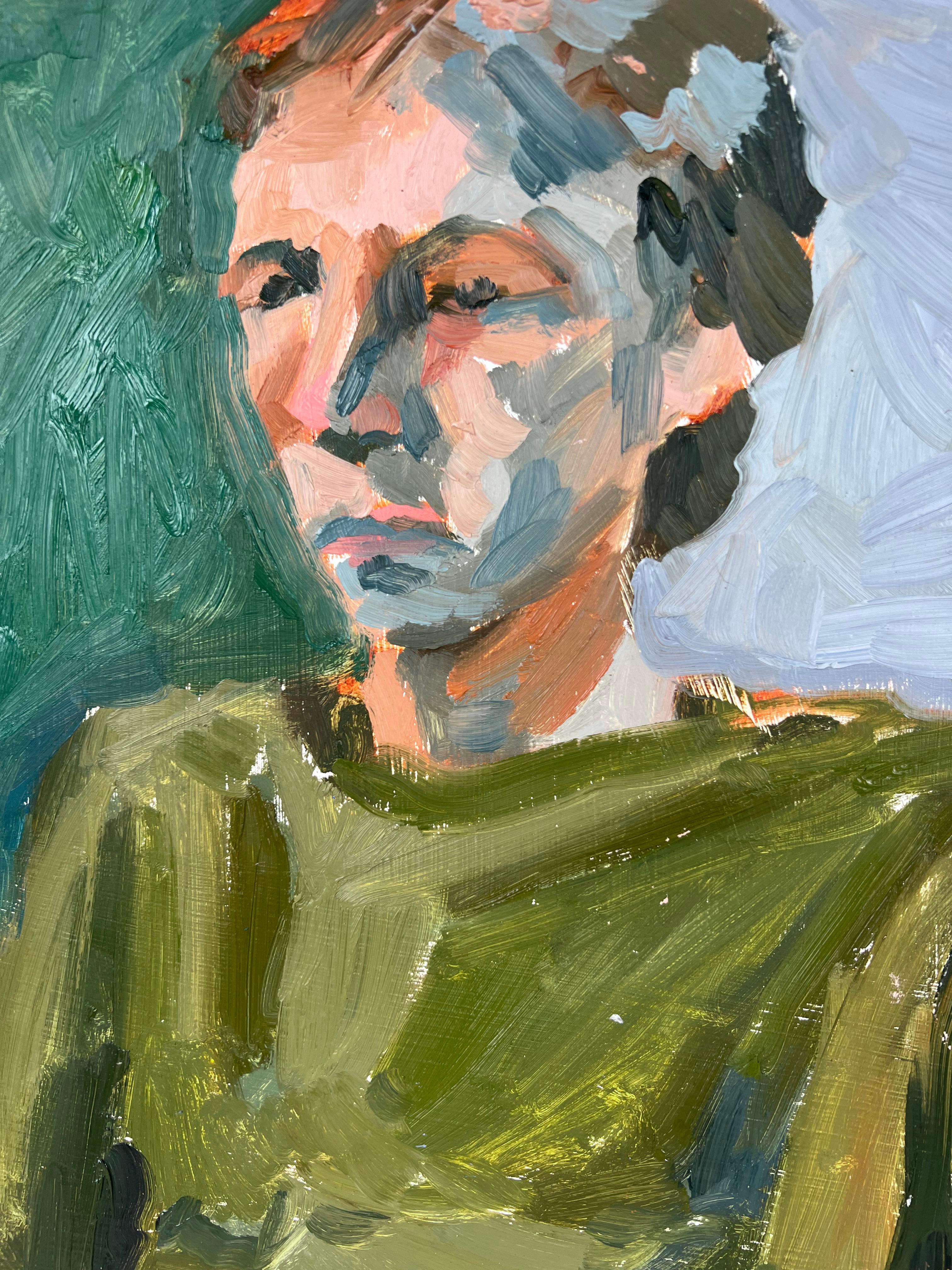 École d'expressionnisme abstrait « Man Bay Area » (école de figuration)

Homme assis, un portrait abstrait de l'artiste de San Francisco Heather Speck (américaine, B-1978). Le sujet est peint avec des couleurs vives et de larges touches de vert, de