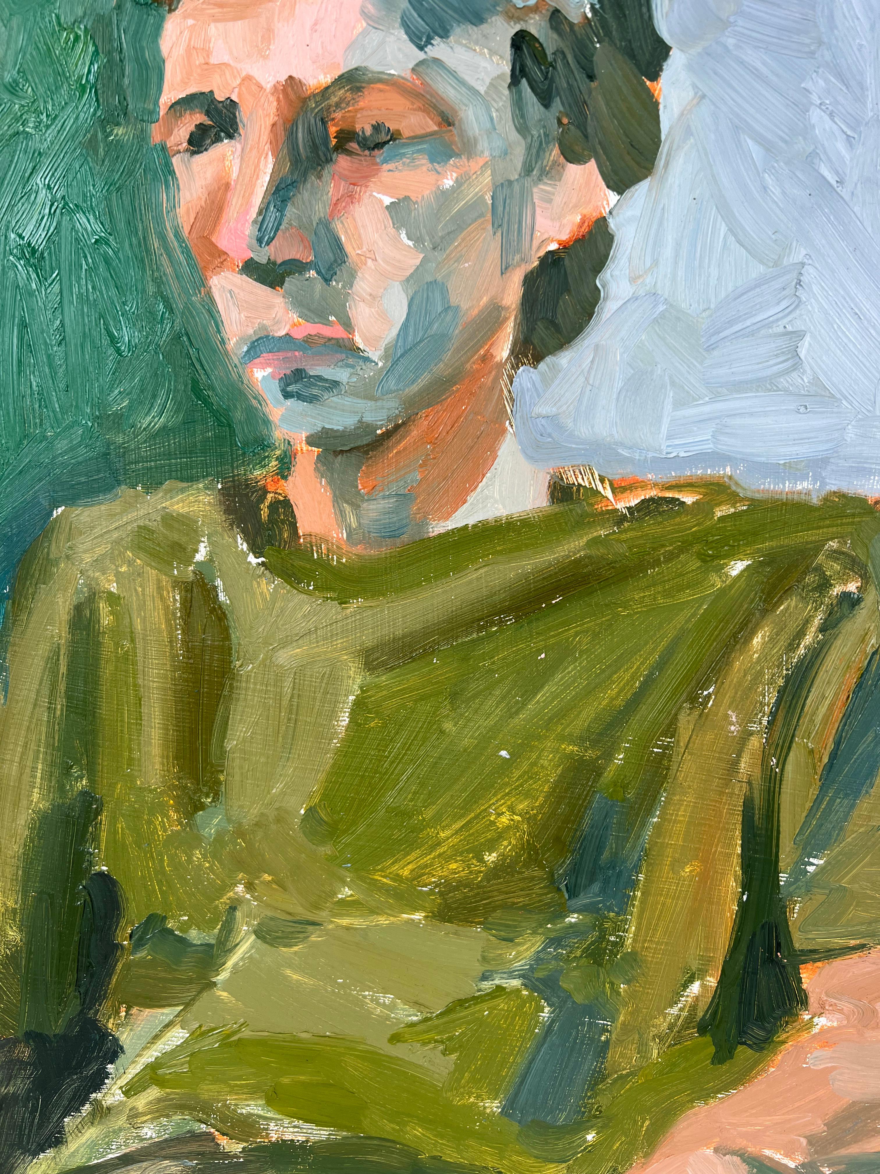 Seated Man Bay Area Figurative School Abstract Expressionist

Seated man, a abstract portrait by San Francisco artist Heather Speck (American, B-1978). The subject is painted in strong colors and broad strokes in greens, cyan and light umber.
Image,