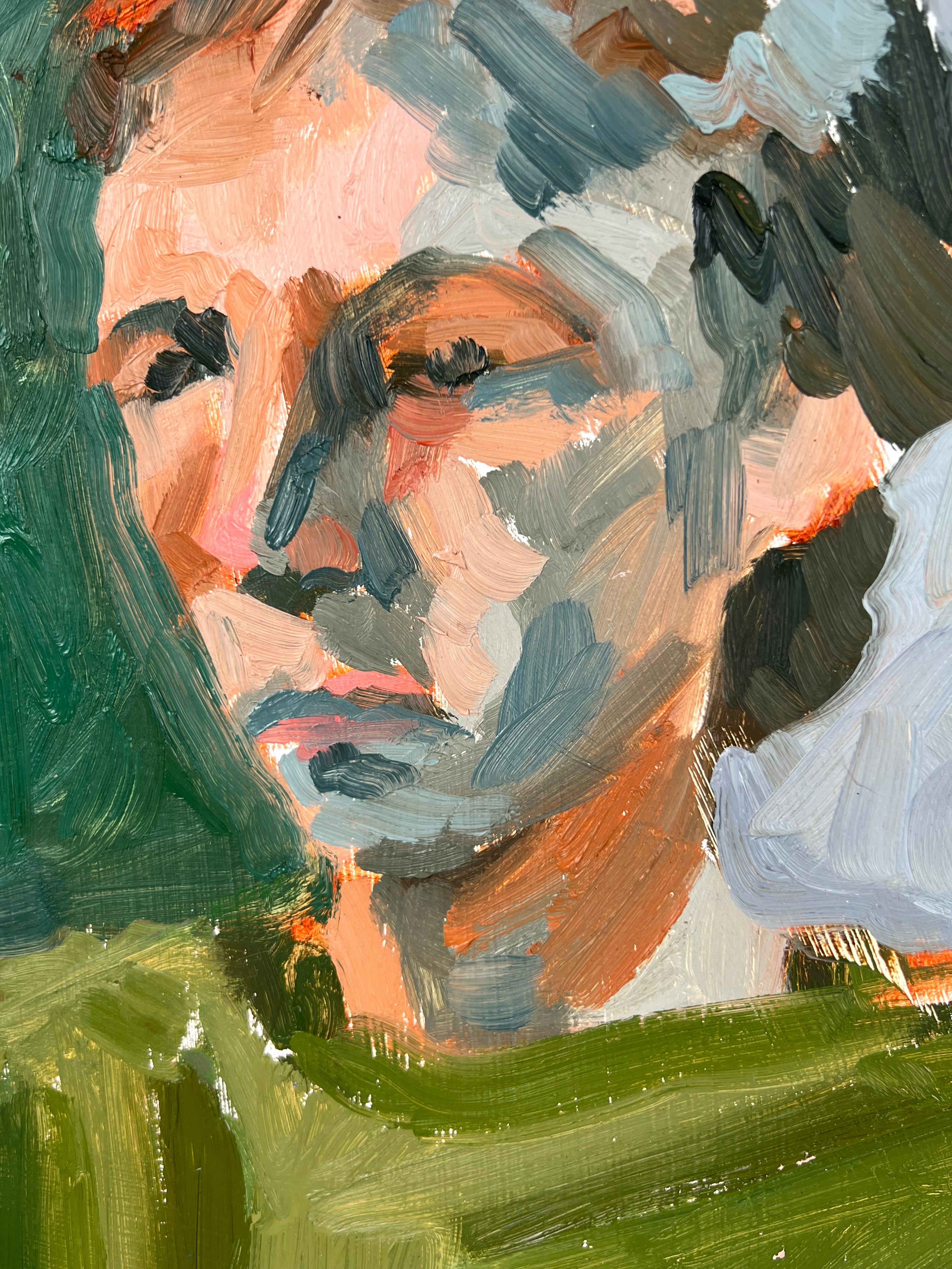 Sitzender Mann, Bay Area, Figurative School, Abstrakter Expressionismus

Sitzender Mann, ein abstraktes Porträt der Künstlerin Heather Speck (Amerikanerin, B-1978) aus San Francisco. Das Motiv ist in kräftigen Farben und breiten Strichen in