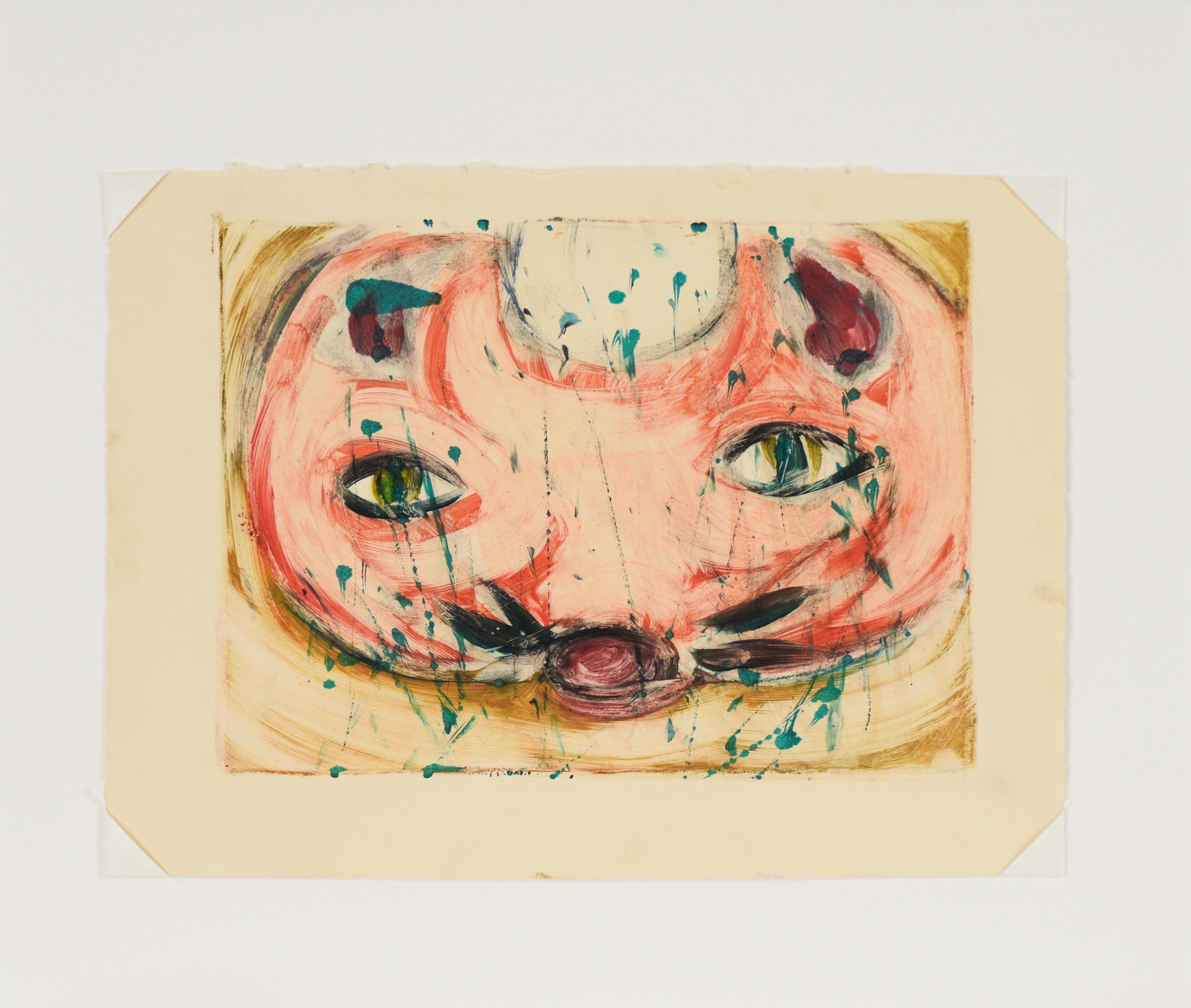 A Cat's Eyes - Transfer Monotype in Water Based Ink on Paper - Painting by Heather Speck