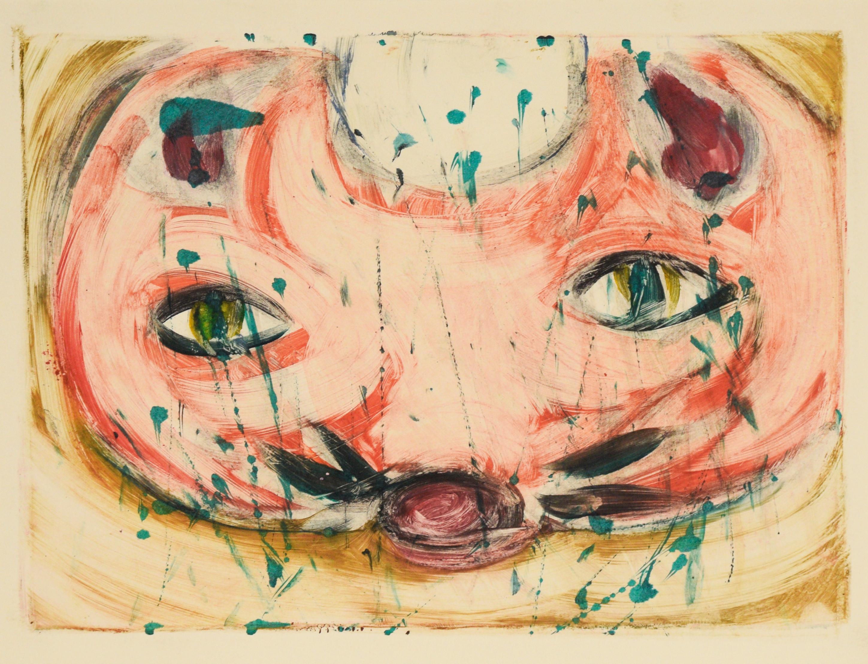 A Cat's Eyes - Transfer Monotype in Water Based Ink on Paper - Fauvist Painting by Heather Speck