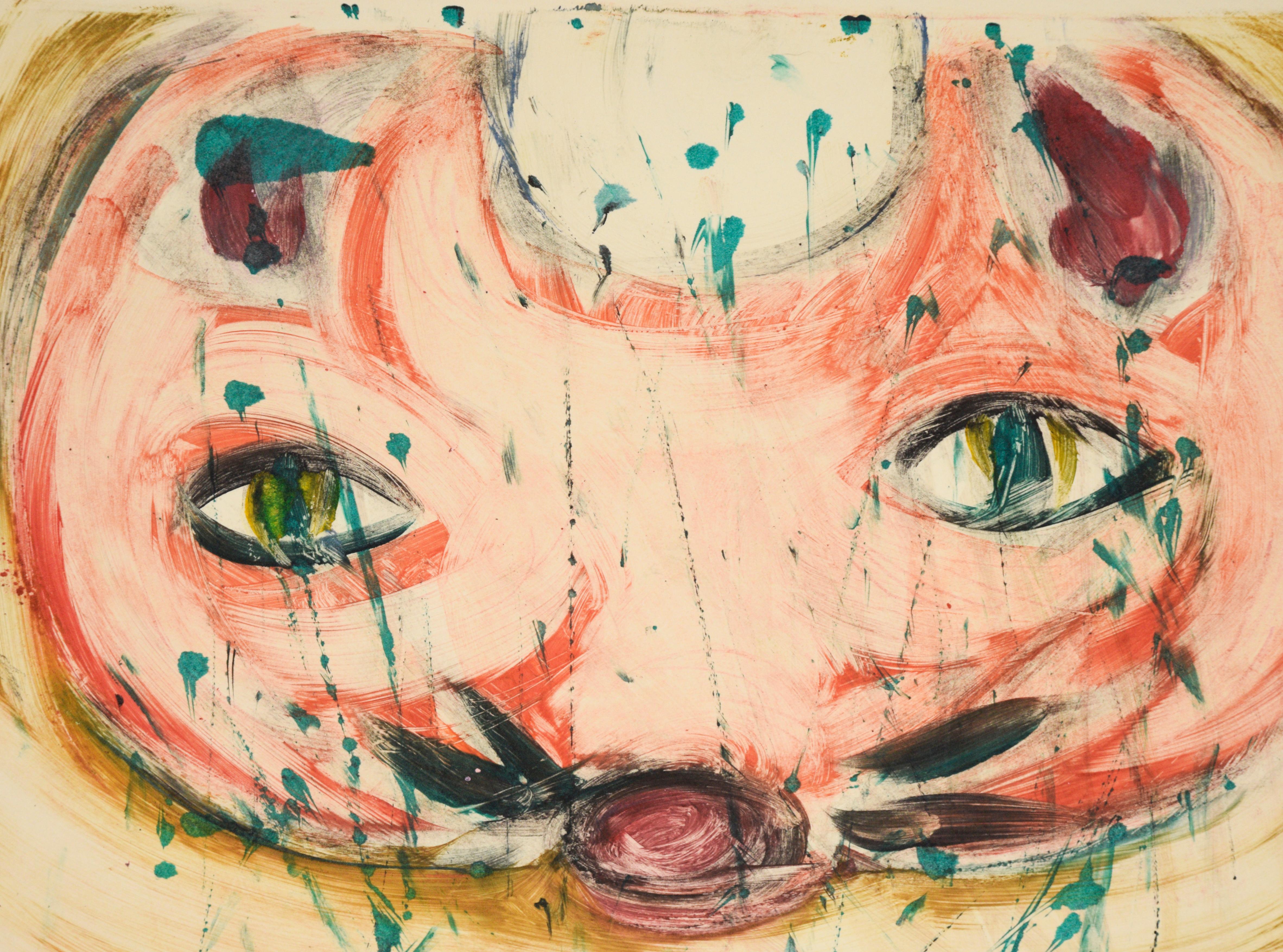 A Cat's Eyes - Transfer Monotype in Water Based Ink on Paper

Original transfer monotype painting by California artist Heather Speck (American, 20th C). Boldly colored close up of a cat's face. The cat's eyes of hazel and green are the focal point,