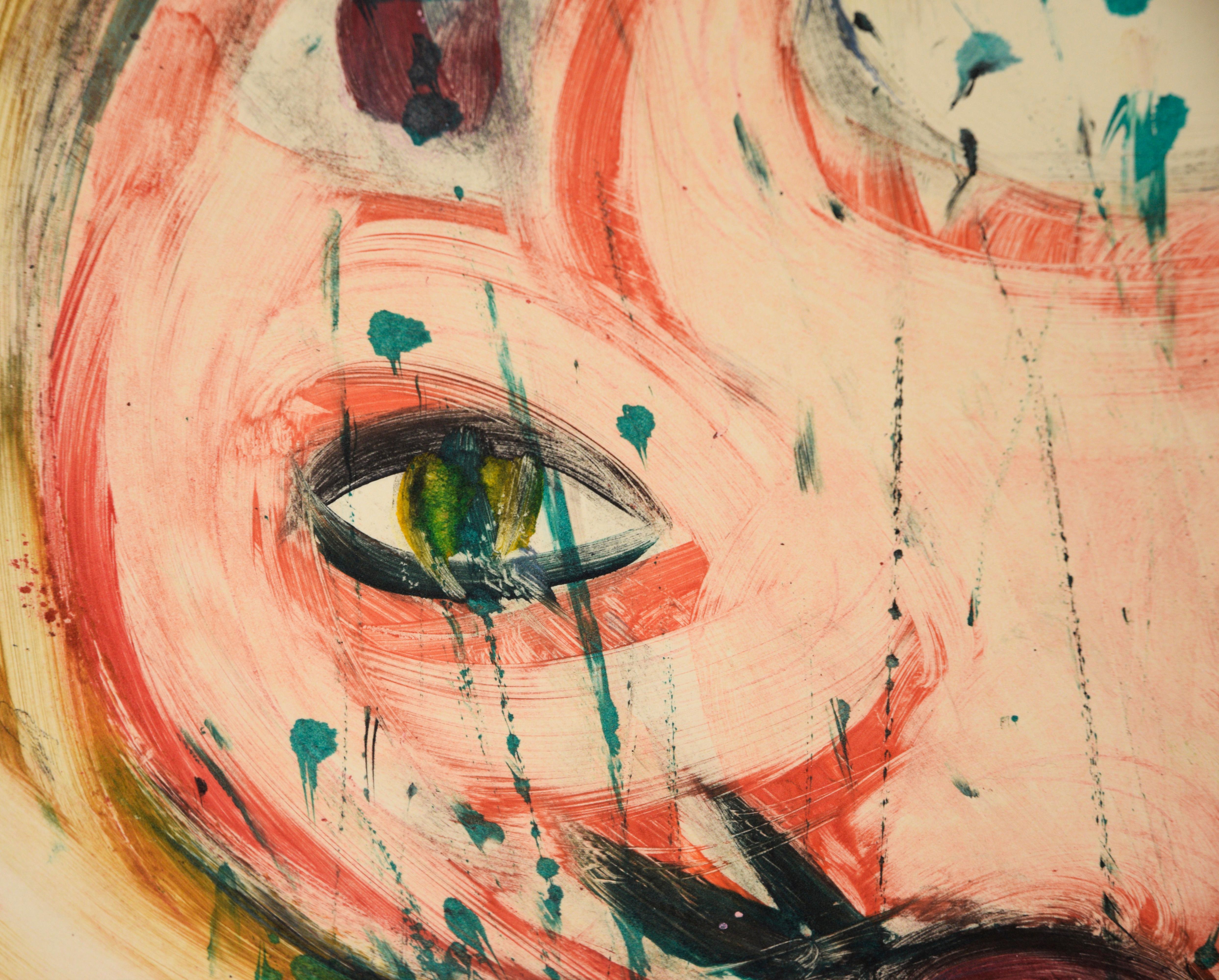Los ojos de un gato - Monotipo en transferencia de tinta al agua sobre papel

Pintura monotipo original en transferencia de la artista californiana Heather Speck (estadounidense, siglo XX). Primer plano en colores vivos de la cara de un gato. Los