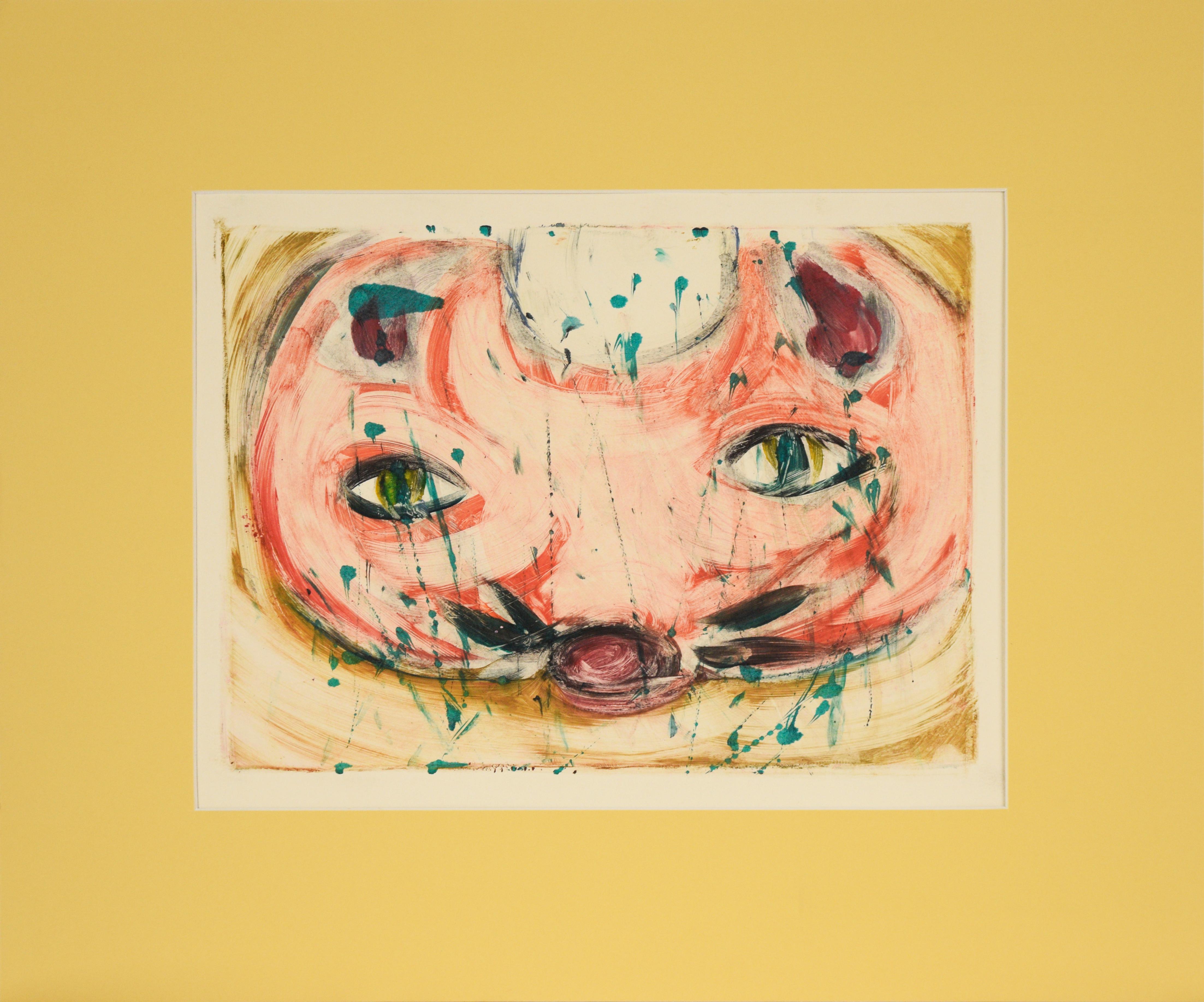 Heather Speck Animal Painting - A Cat's Eyes - Transfer Monotype in Water Based Ink on Paper