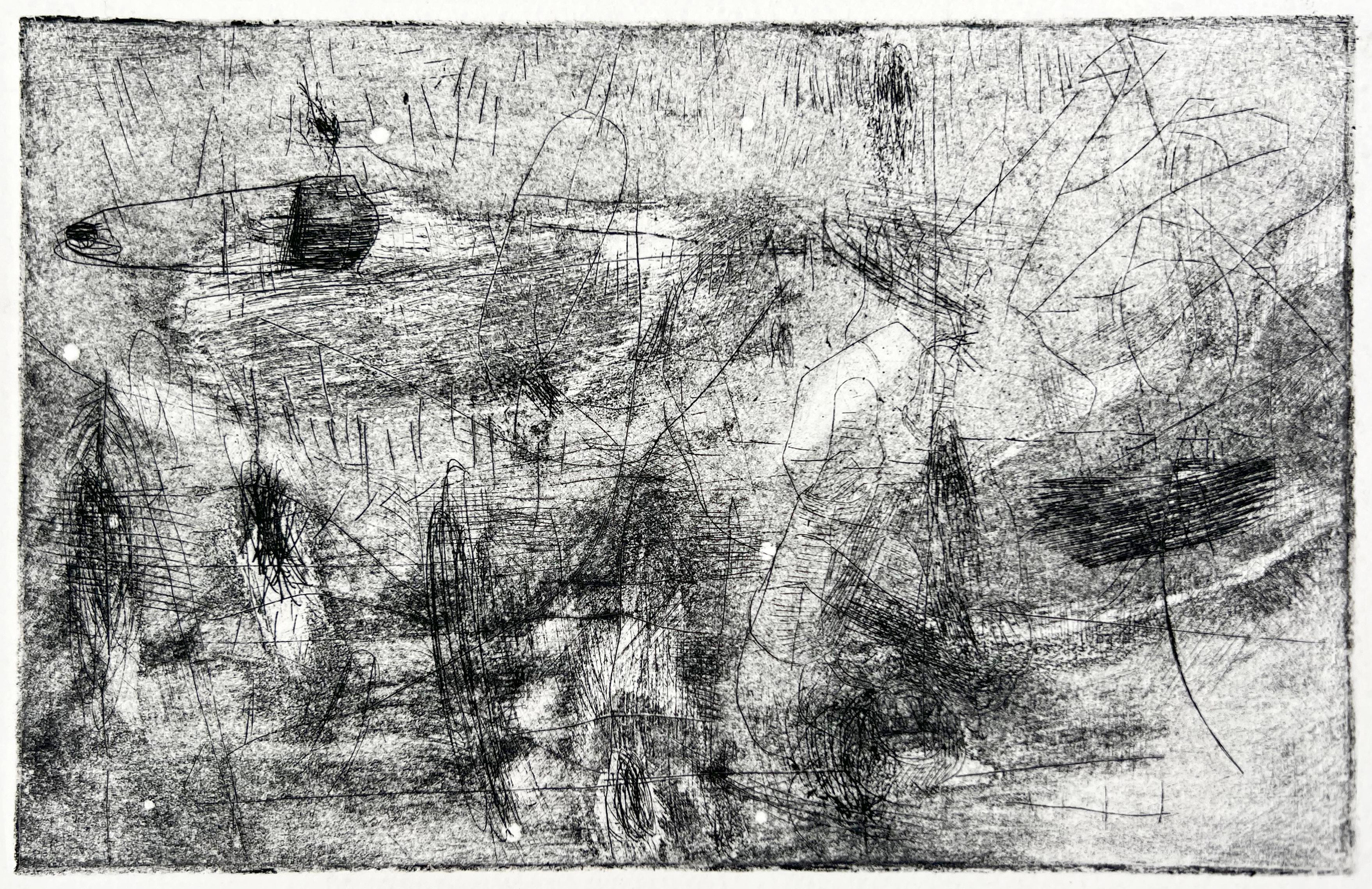 Abstract W/Woman Carrying a Young Child Finely Detailed Collotype on paper
Finely detailed etching or collotype of a complicated fine line drawing of abstract and objective imagery. Signed I believe upside down for effect or accidently. Difficult to