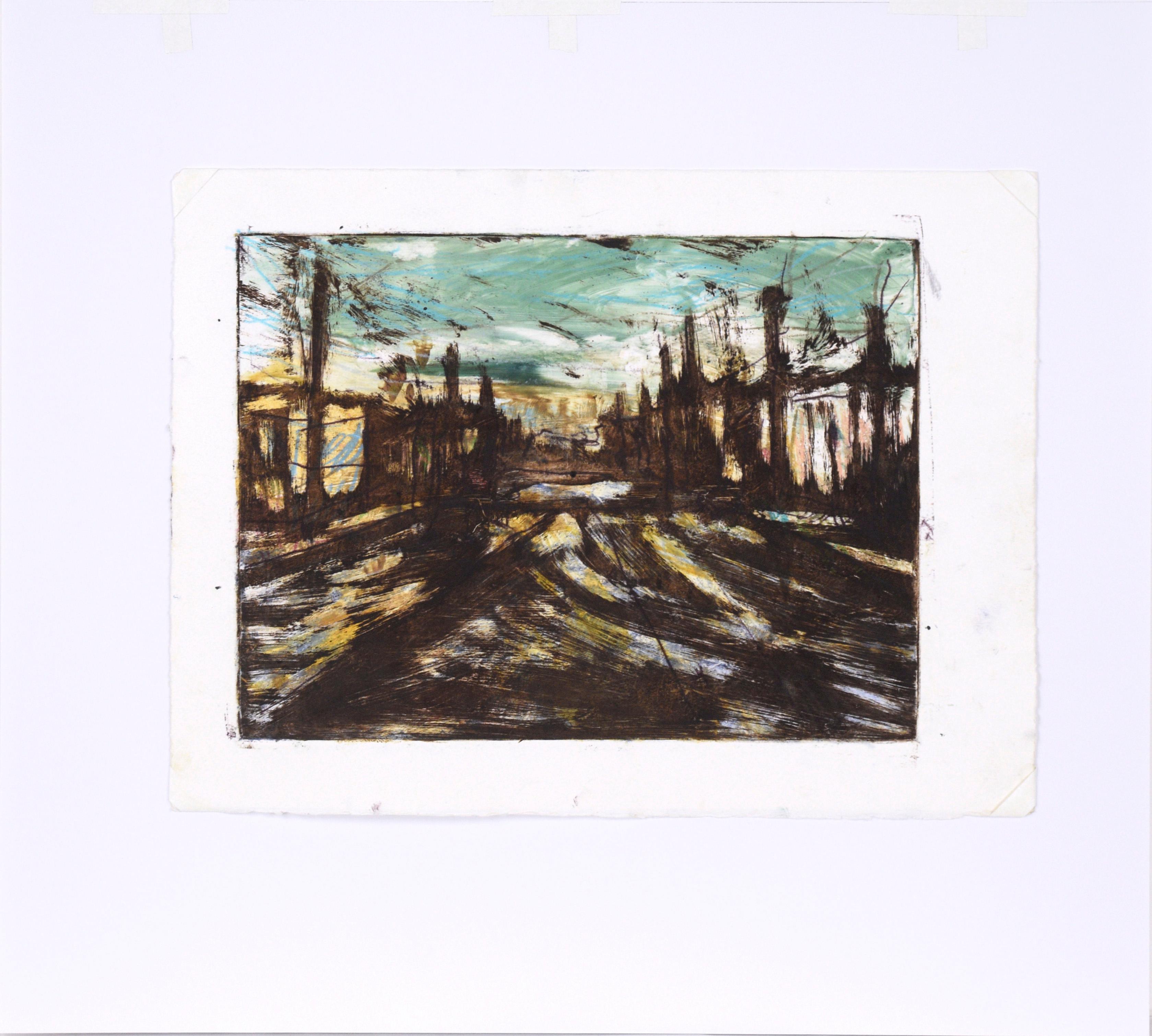 Abstracted Cityscape - Transfer Monotype in Oil on Paper For Sale 5