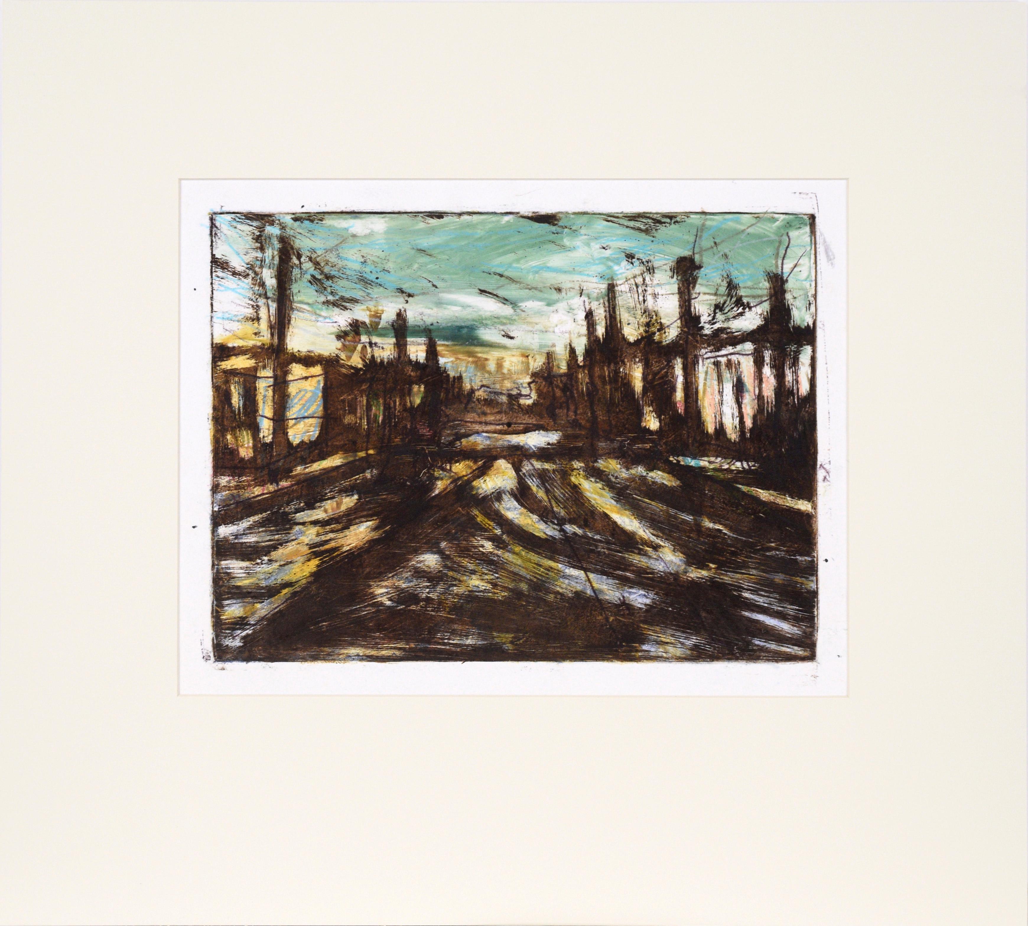 Heather Speck Abstract Painting - Abstracted Cityscape - Transfer Monotype in Oil on Paper