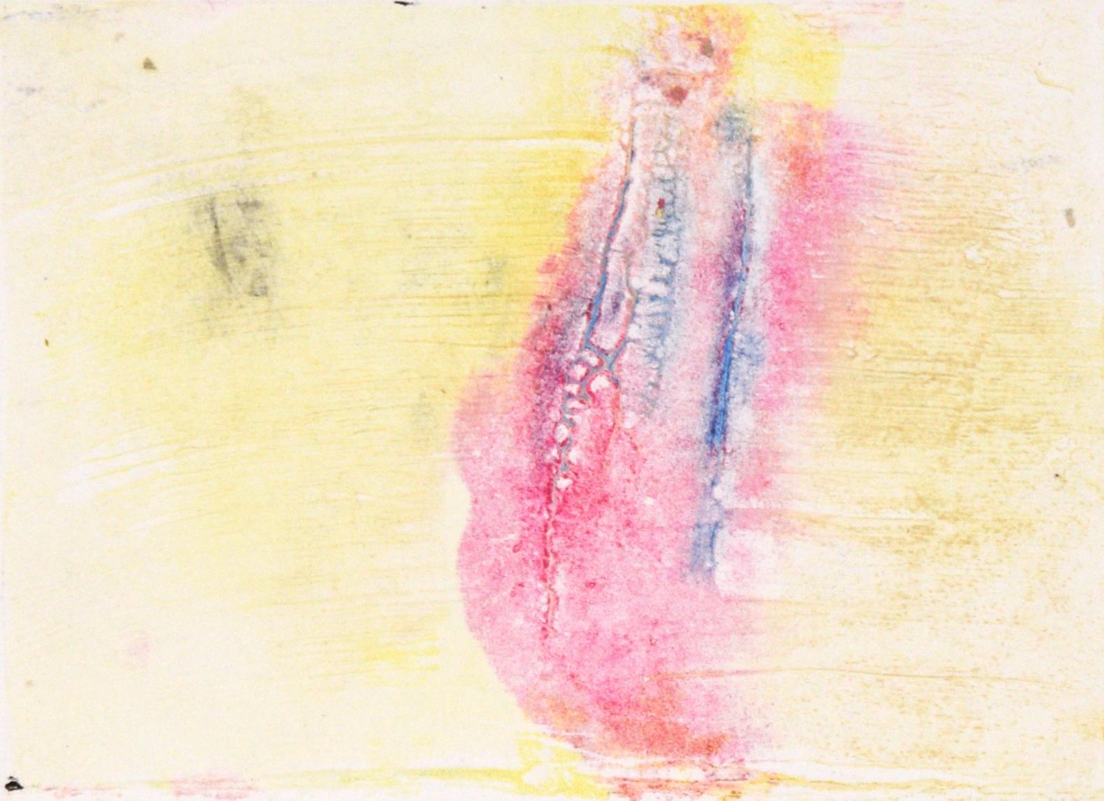 Blue and Pink on Yellow - Textured Transfer Monotype in Oil on Paper - Print by Heather Speck