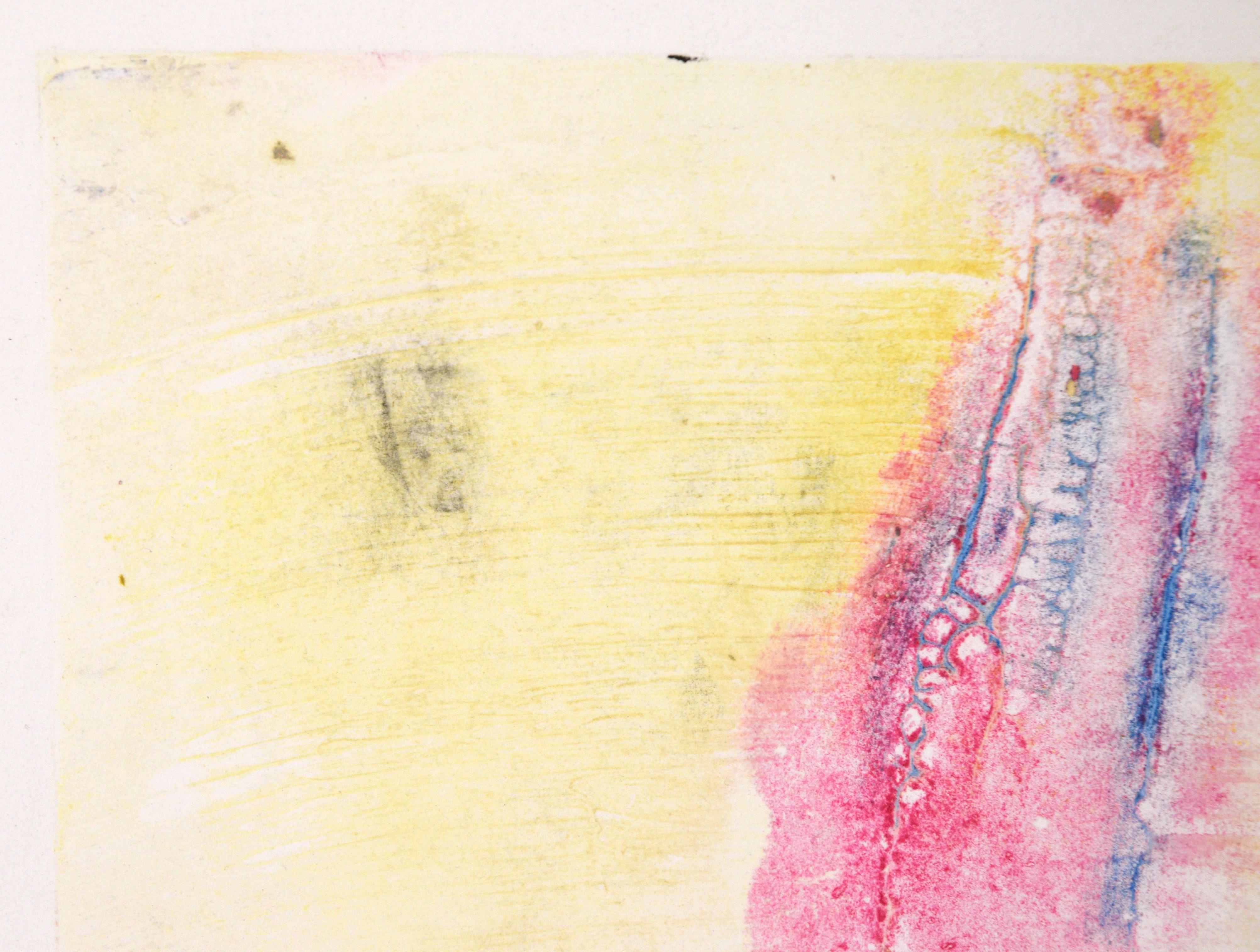 Monotype de transfert bleu et rose sur jaune texturé à l'huile sur papier - Expressionnisme abstrait Print par Heather Speck