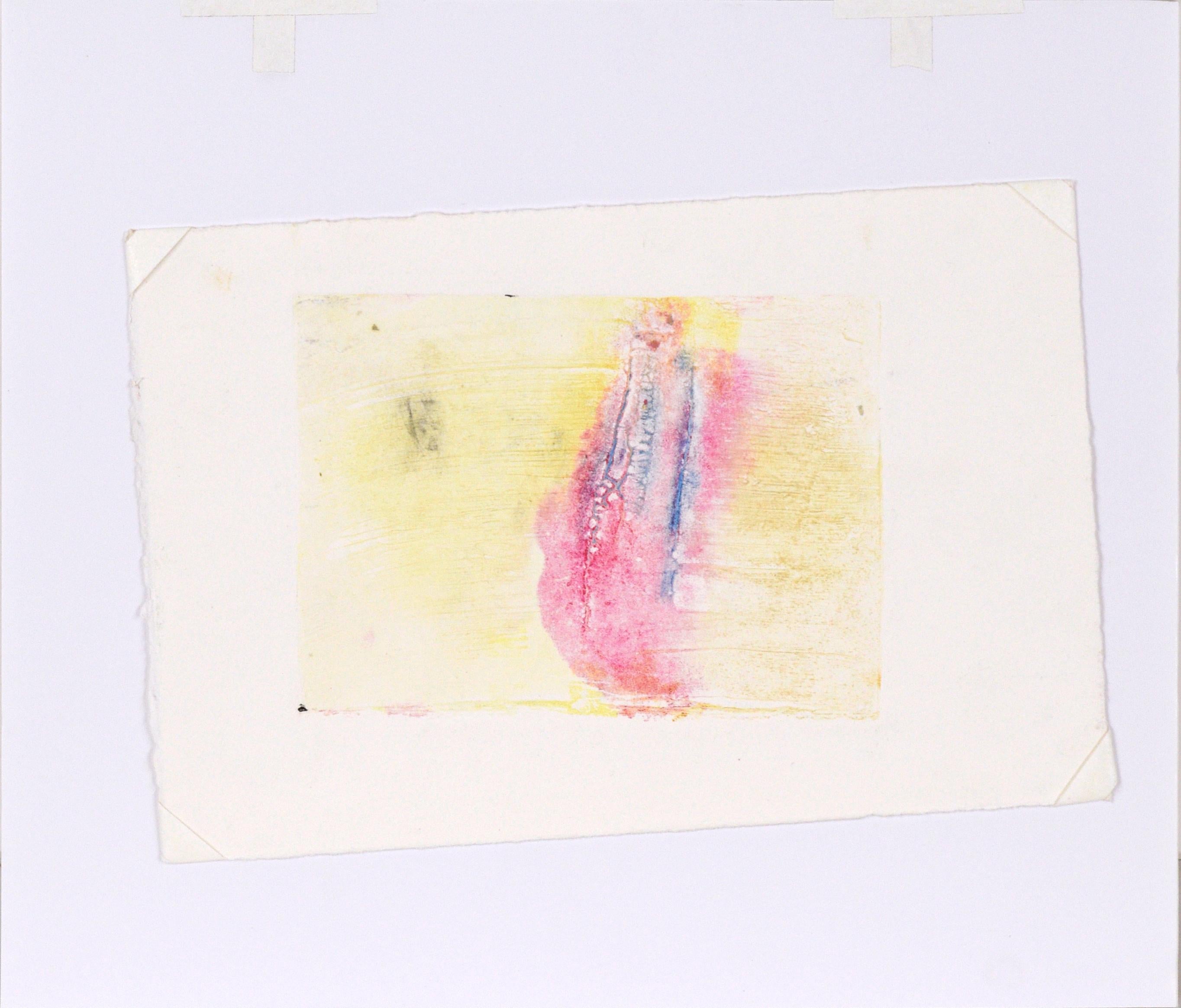 Blue and Pink on Yellow - Textured Transfer Monotype in Oil on Paper For Sale 3