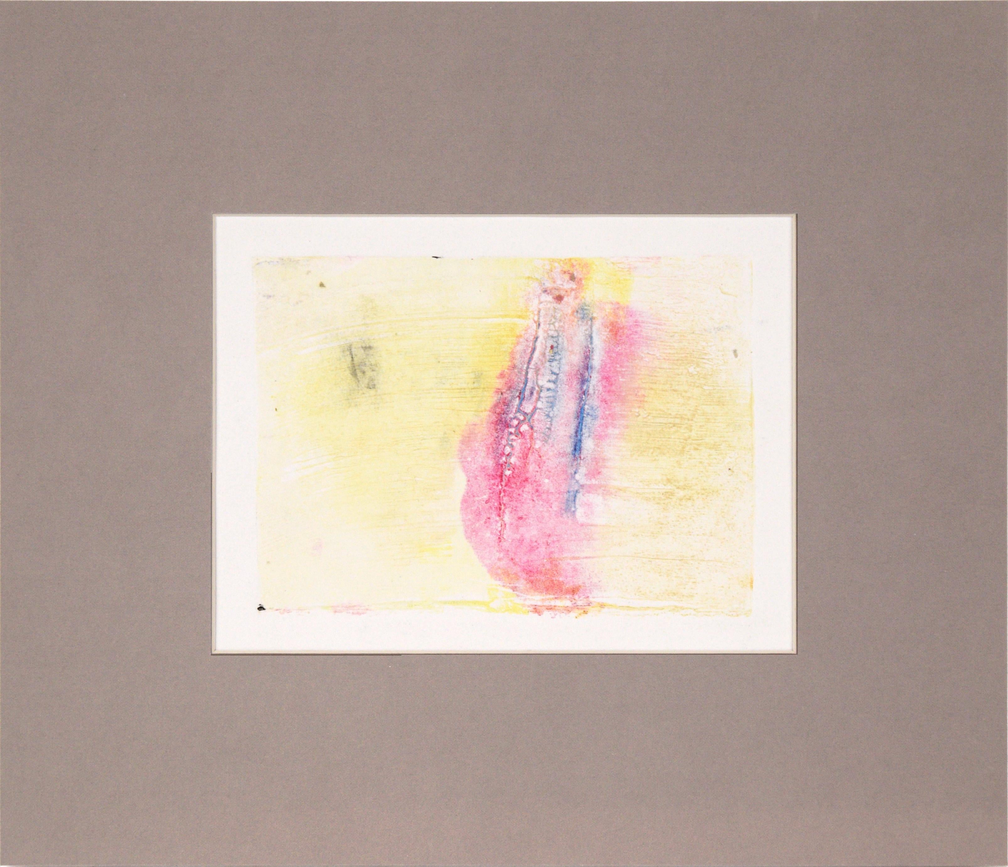 Heather Speck Abstract Print - Blue and Pink on Yellow - Textured Transfer Monotype in Oil on Paper