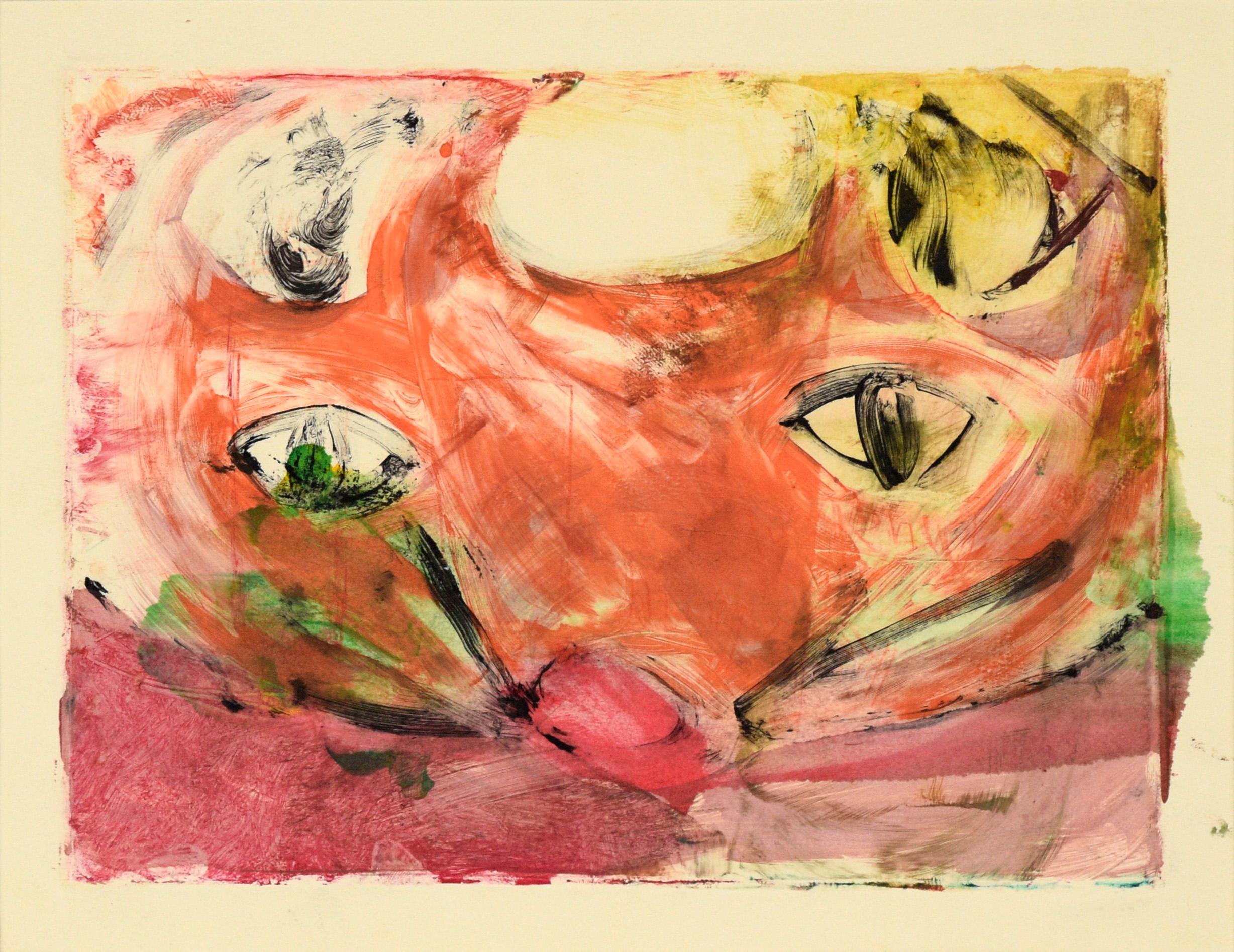 Colorful Cat Face - Transfer Monotype in Water Based Ink on Paper - Print by Heather Speck