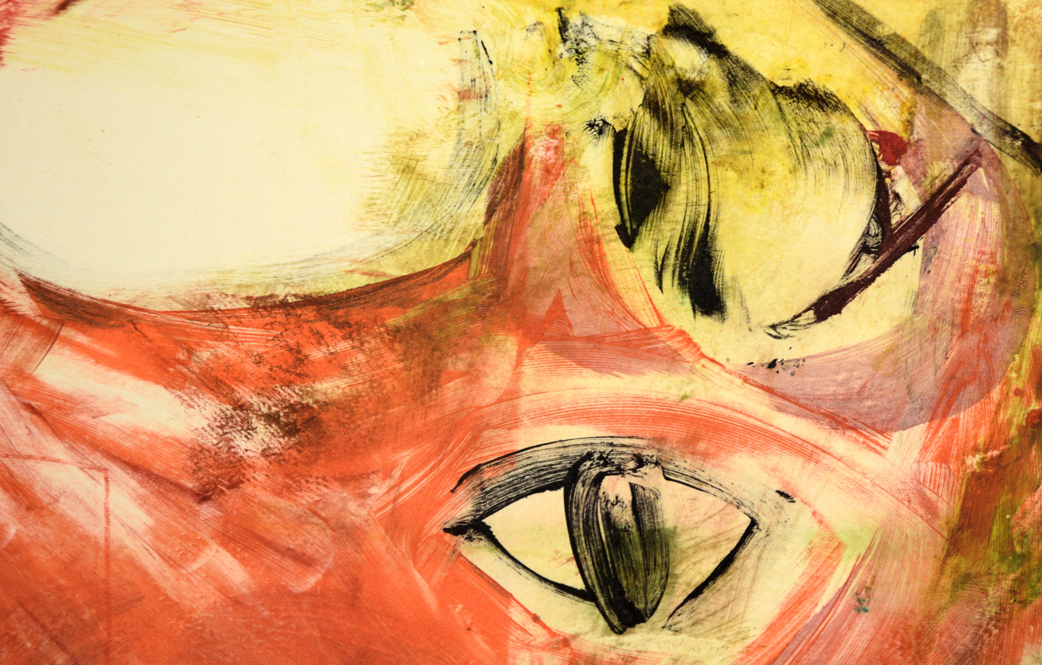 Buntes Katzengesicht – Transfer-Monogramm in Wasserfarbe auf Papier

Original-Transfer-Monotypie der kalifornischen Künstlerin Heather Speck (Amerikanerin, 20. Jh.). Kräftig farbige Nahaufnahme eines Katzengesichts. Die Katze ist leuchtend orange,