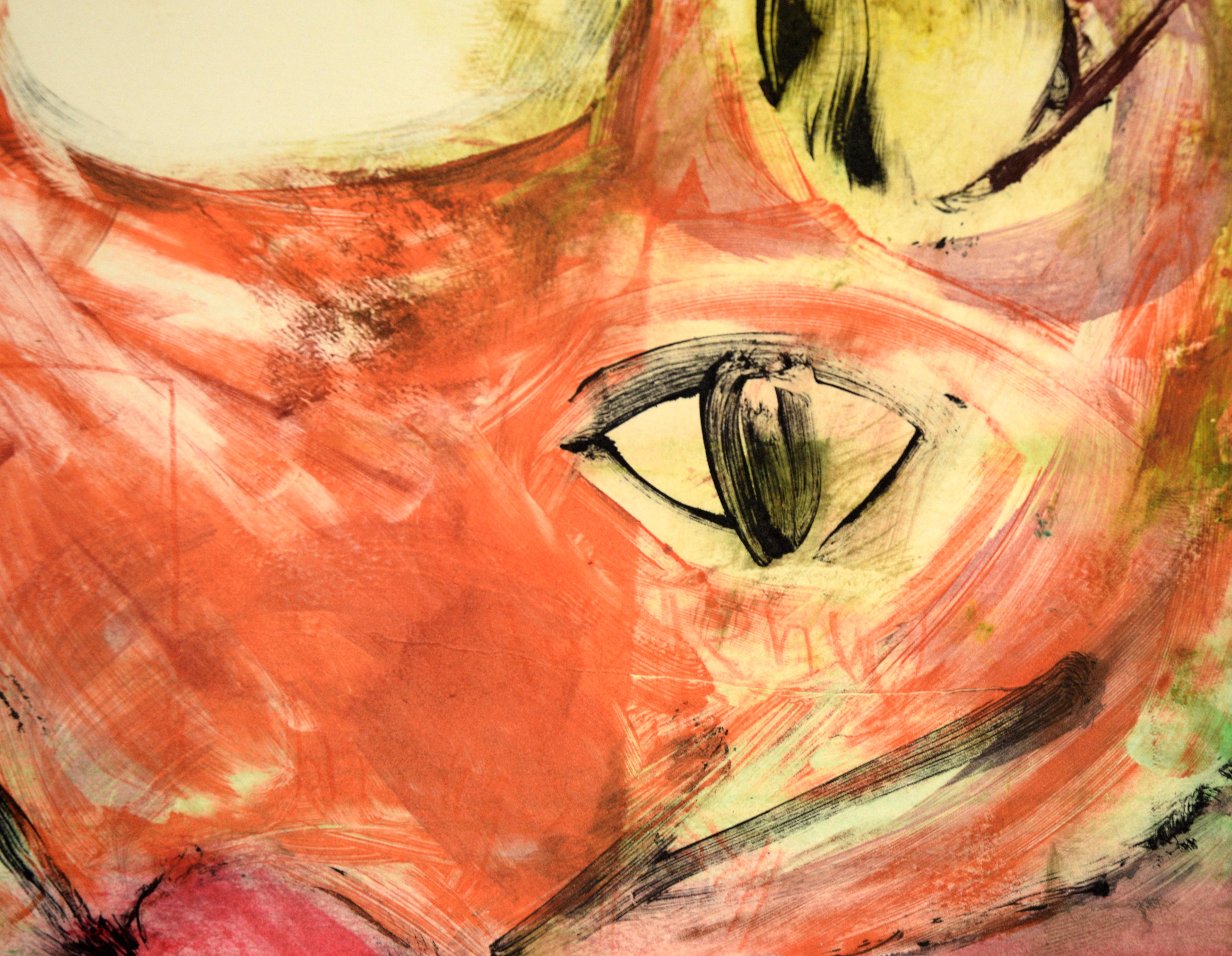 Colorful Cat Face - Transfer Monotype in Water Based Ink on Paper For Sale 1