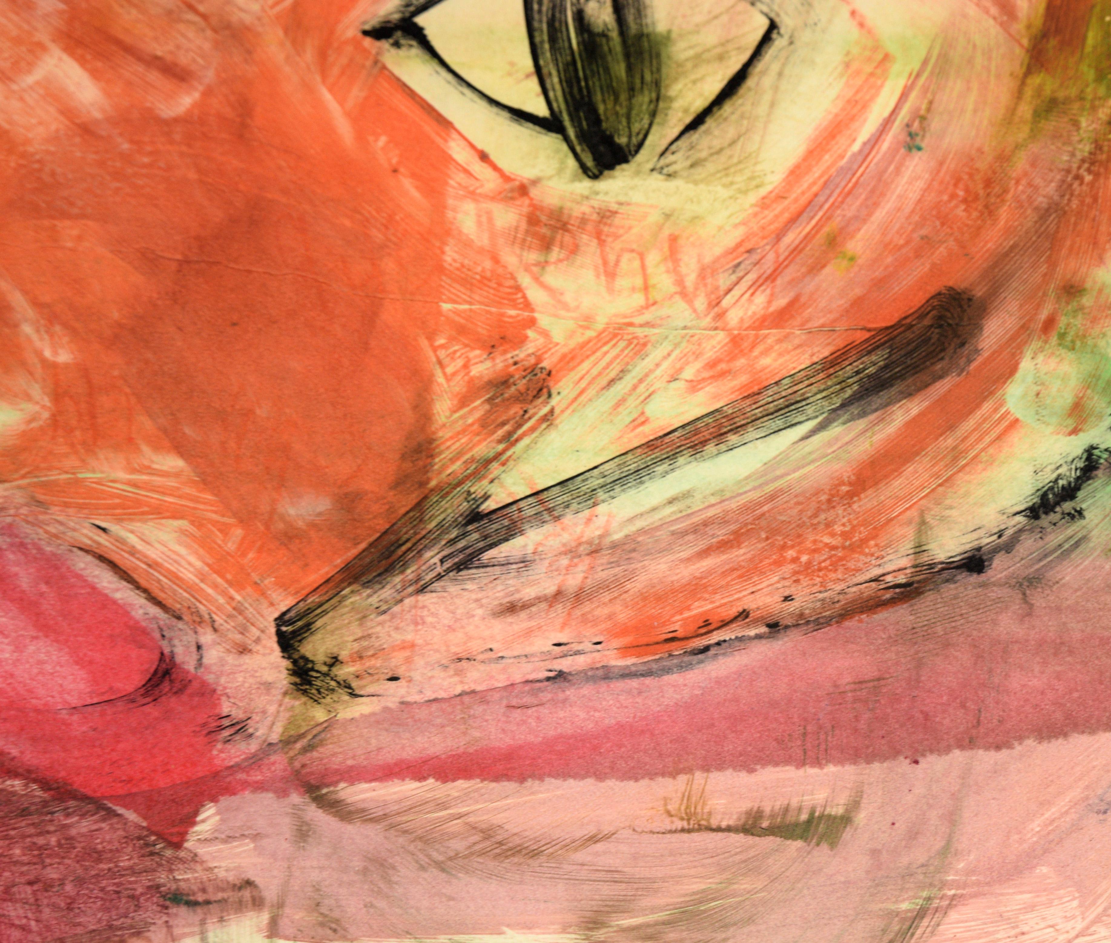 Colorful Cat Face - Transfer Monotype in Water Based Ink on Paper For Sale 4