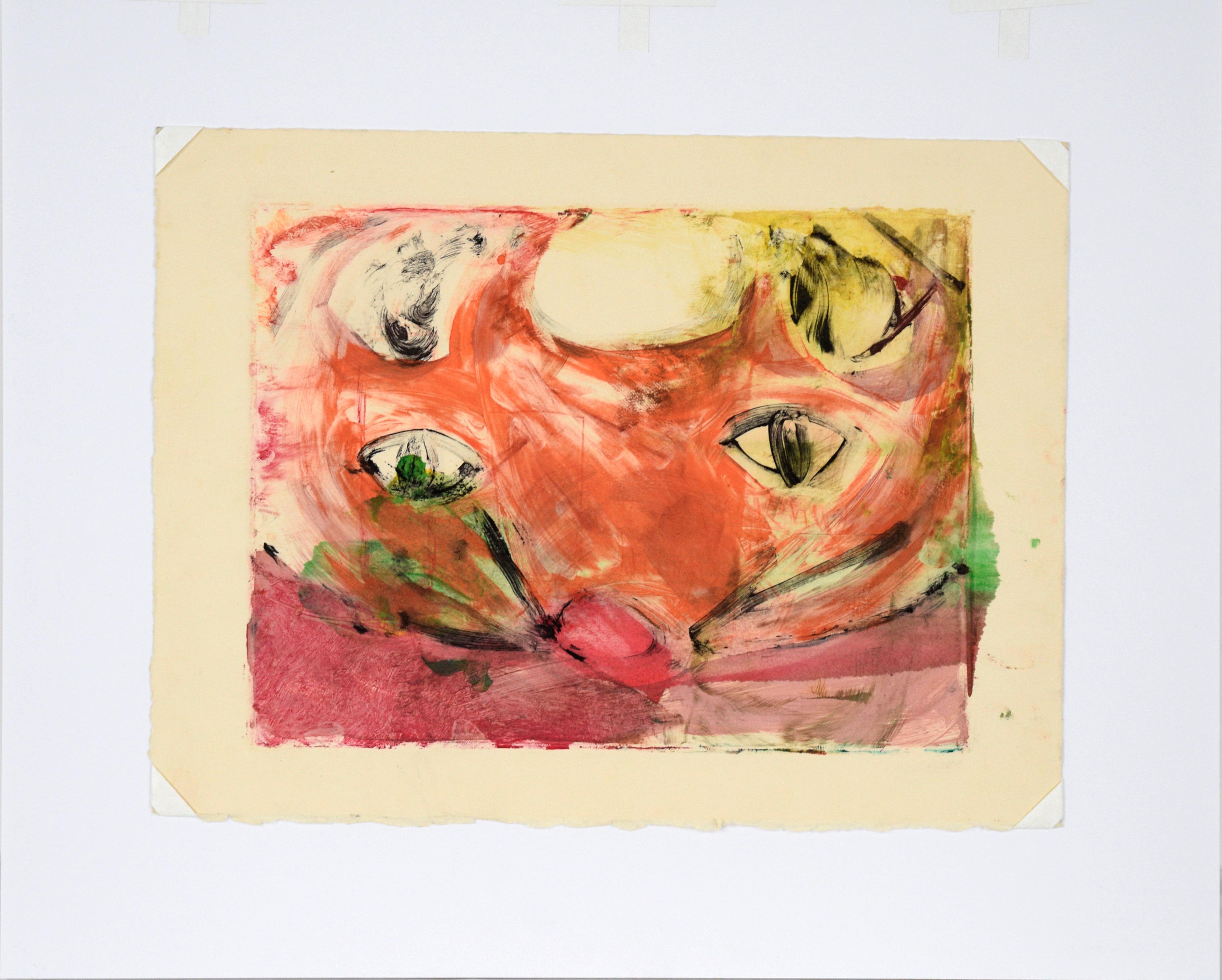 Colorful Cat Face - Transfer Monotype in Water Based Ink on Paper For Sale 5