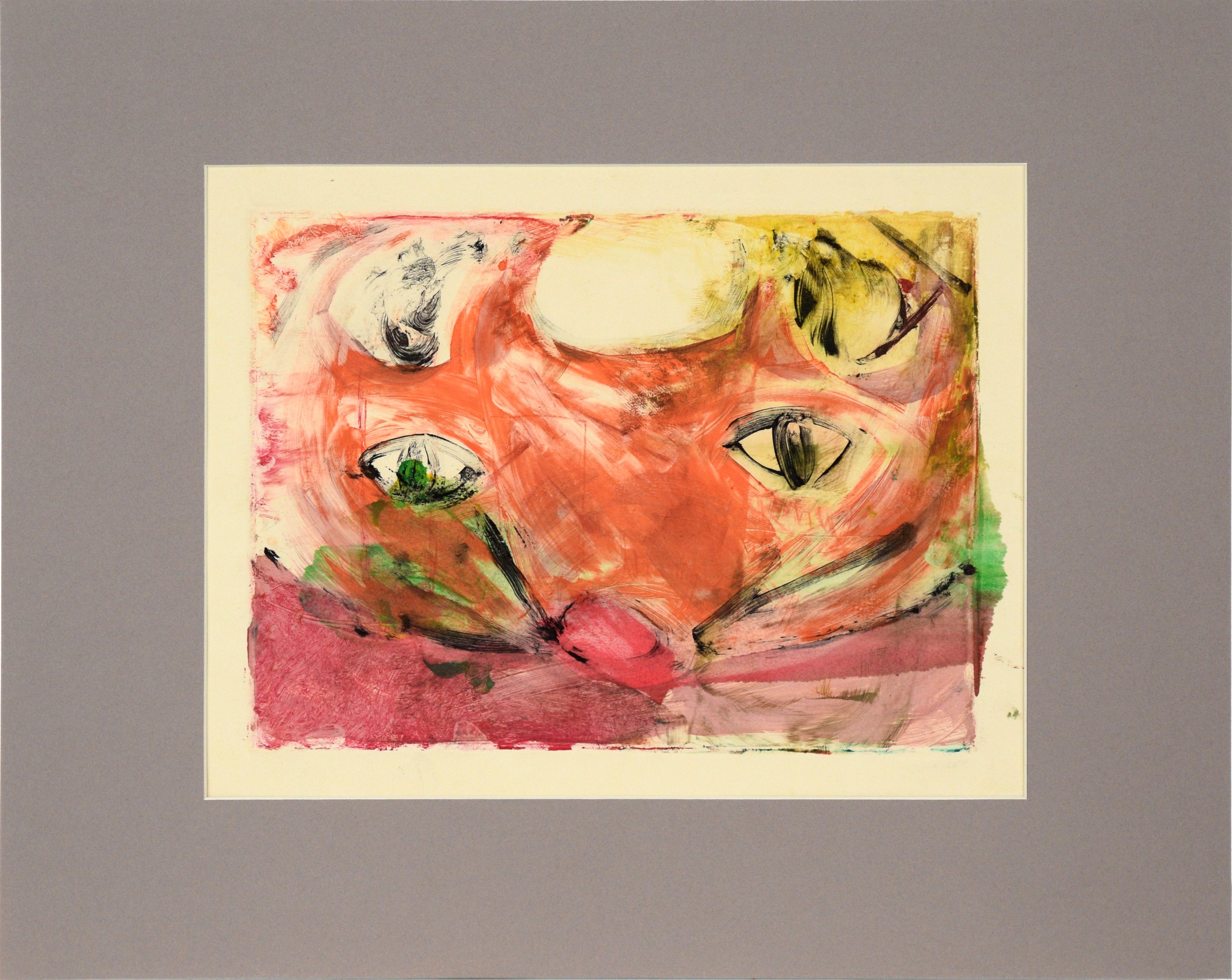Heather Speck Abstract Print - Colorful Cat Face - Transfer Monotype in Water Based Ink on Paper